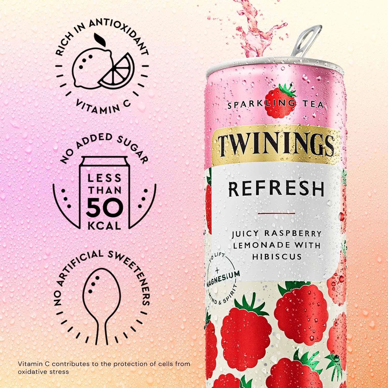 Twinings Refresh Sparkling Tea - Raspberry & Lemon | 4 x 250ml Cans | Low Calorie 3