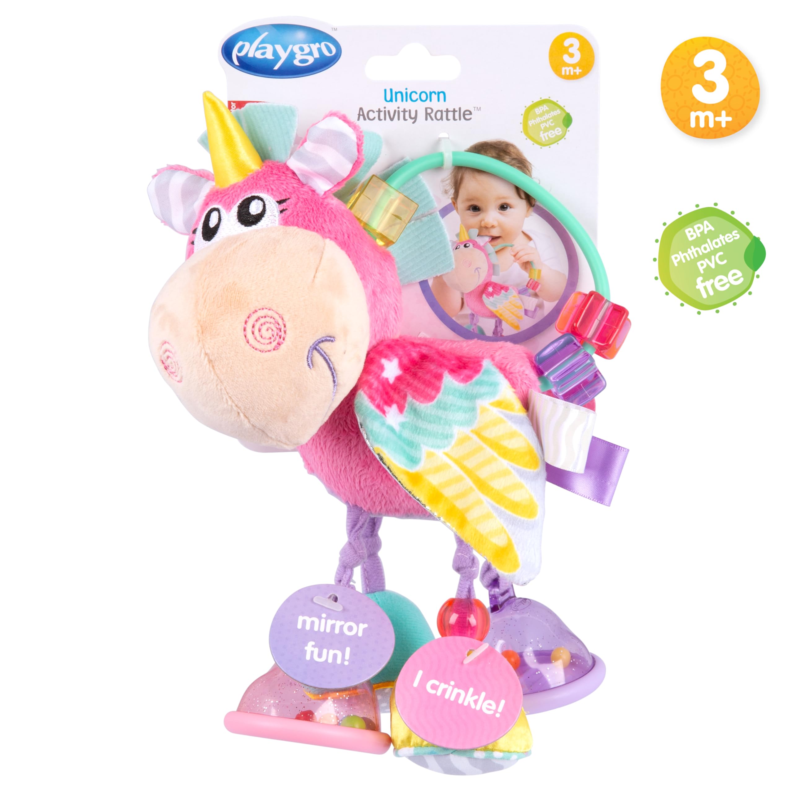 Playgro Unicorn Clip Clop Activity Rattle - Sensory Teether for 3M+ | Pink 5