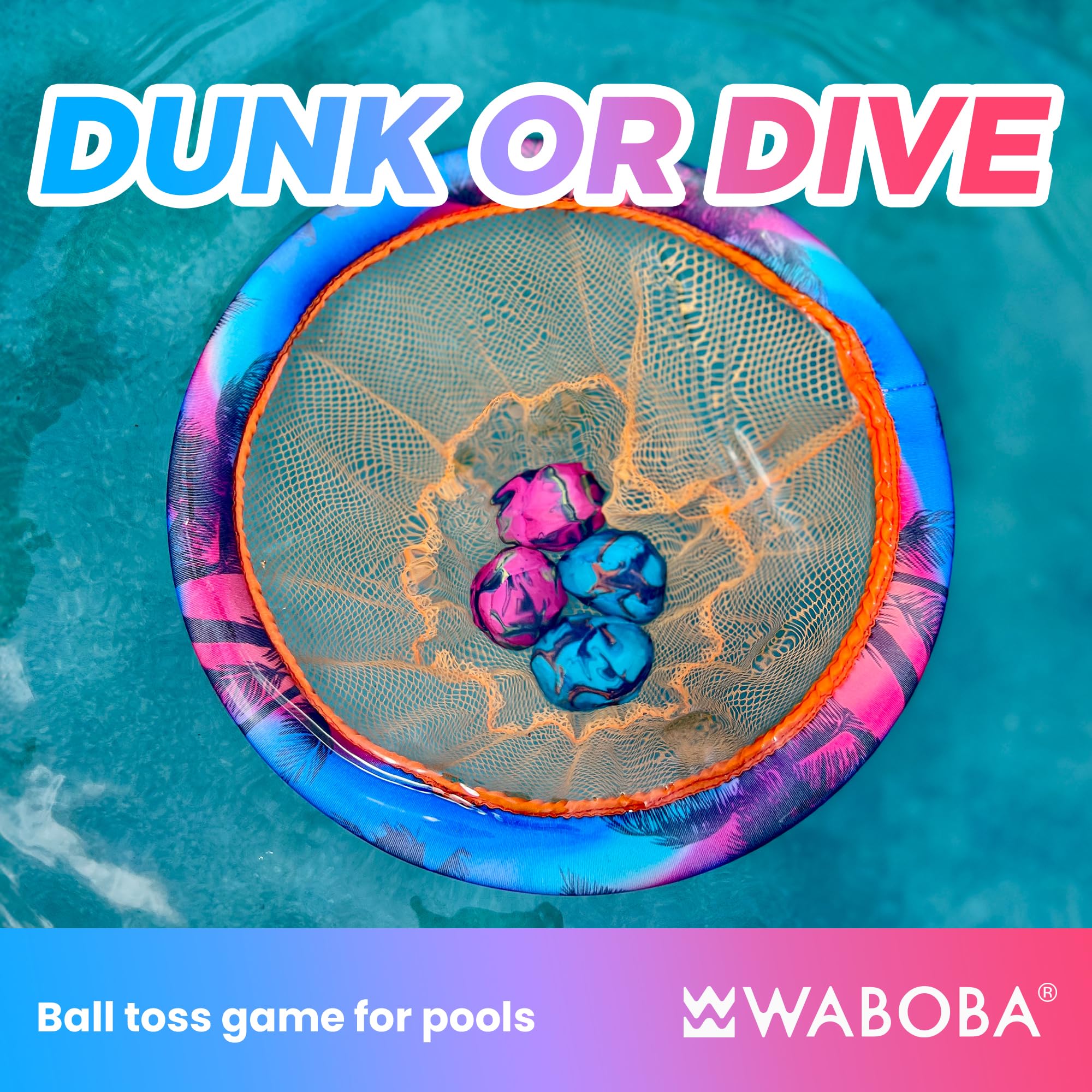 Waboba Dunk or Dive Pool Toy Toss Game - Floating Ring Net & 4 Dive Balls | Ages 8+