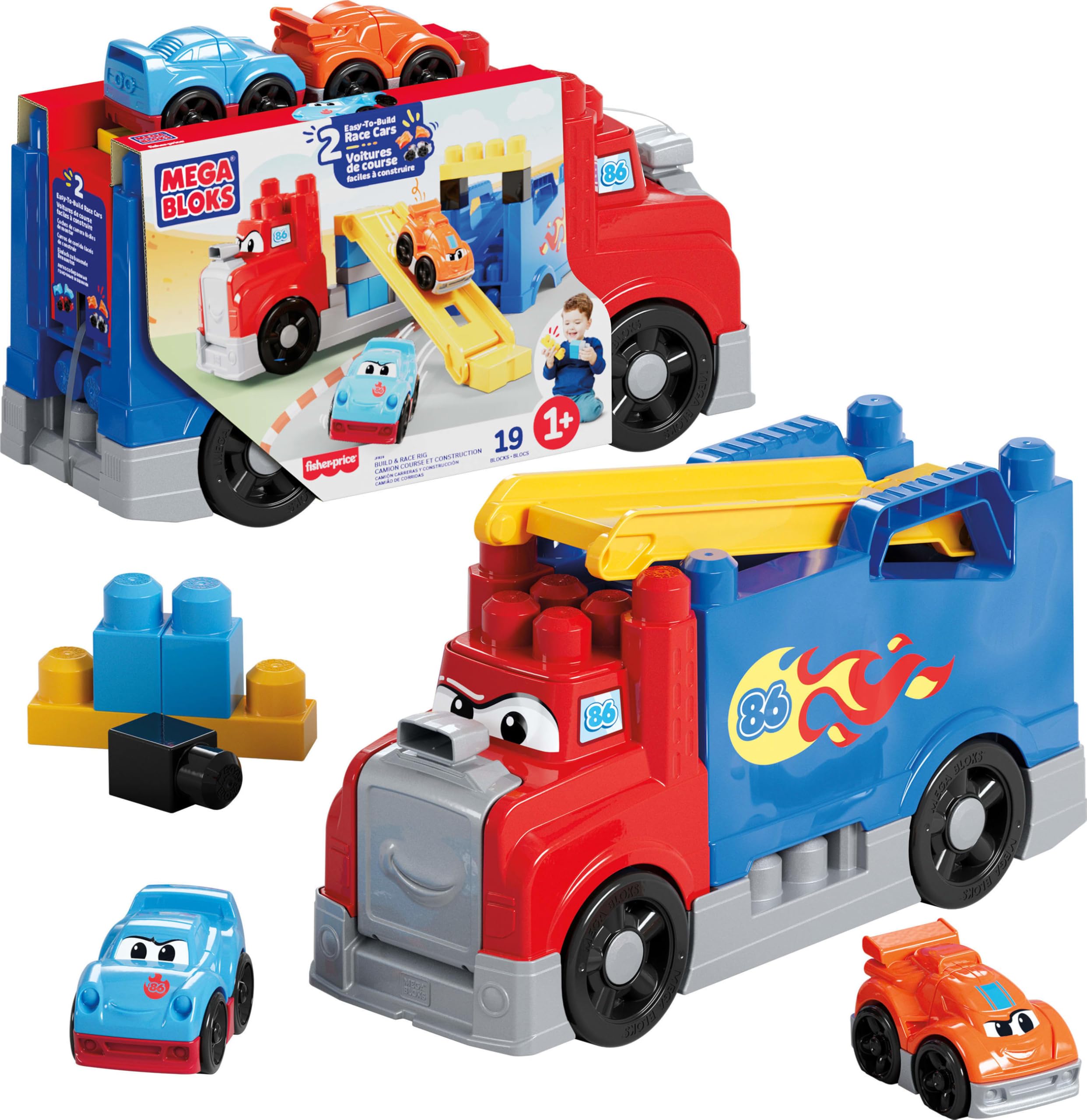 MEGA BLOKS First Builders Build & Race Rig - 19-Piece Toddler Building Set with Race Cars 1