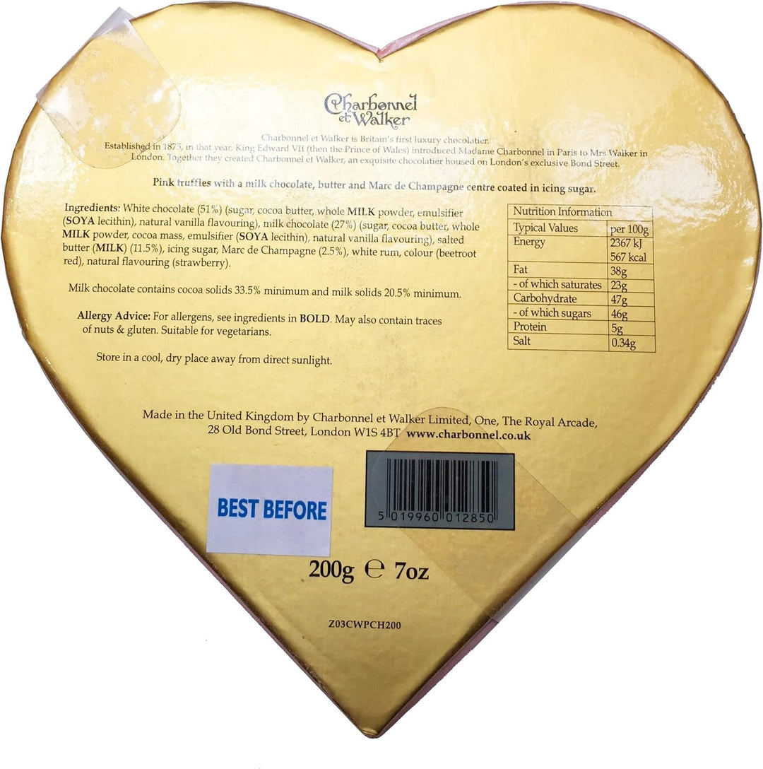 Charbonnel et Walker Pink Marc de Champagne Truffles in Heart Shaped Box 200g