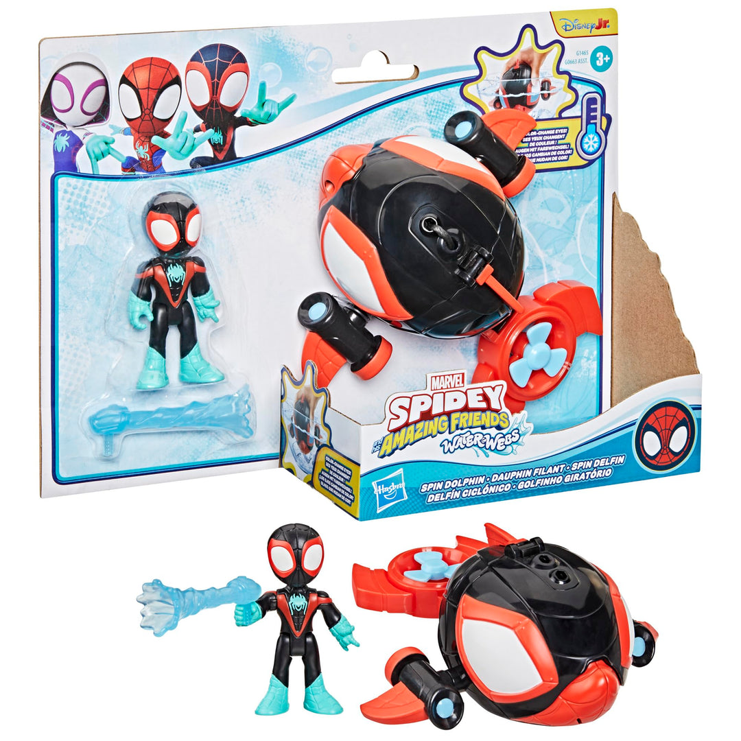 Spidey and His Amazing Friends Water-Webs Spin Dolphin Submarine Toy - Miles Morales Action Figure & Vehicle Playset, Ages 3+