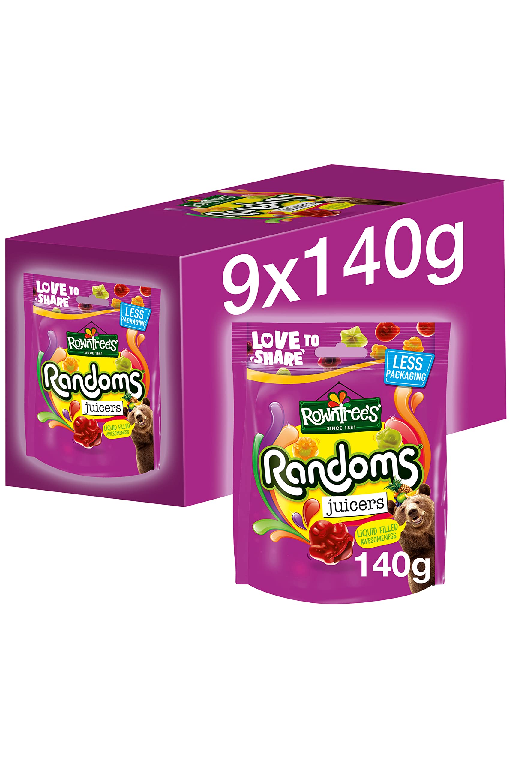 Rowntree's Randoms Juicers Sweets Sharing Bags - Juicy Liquid Center | Pack of 9 x 140g 1