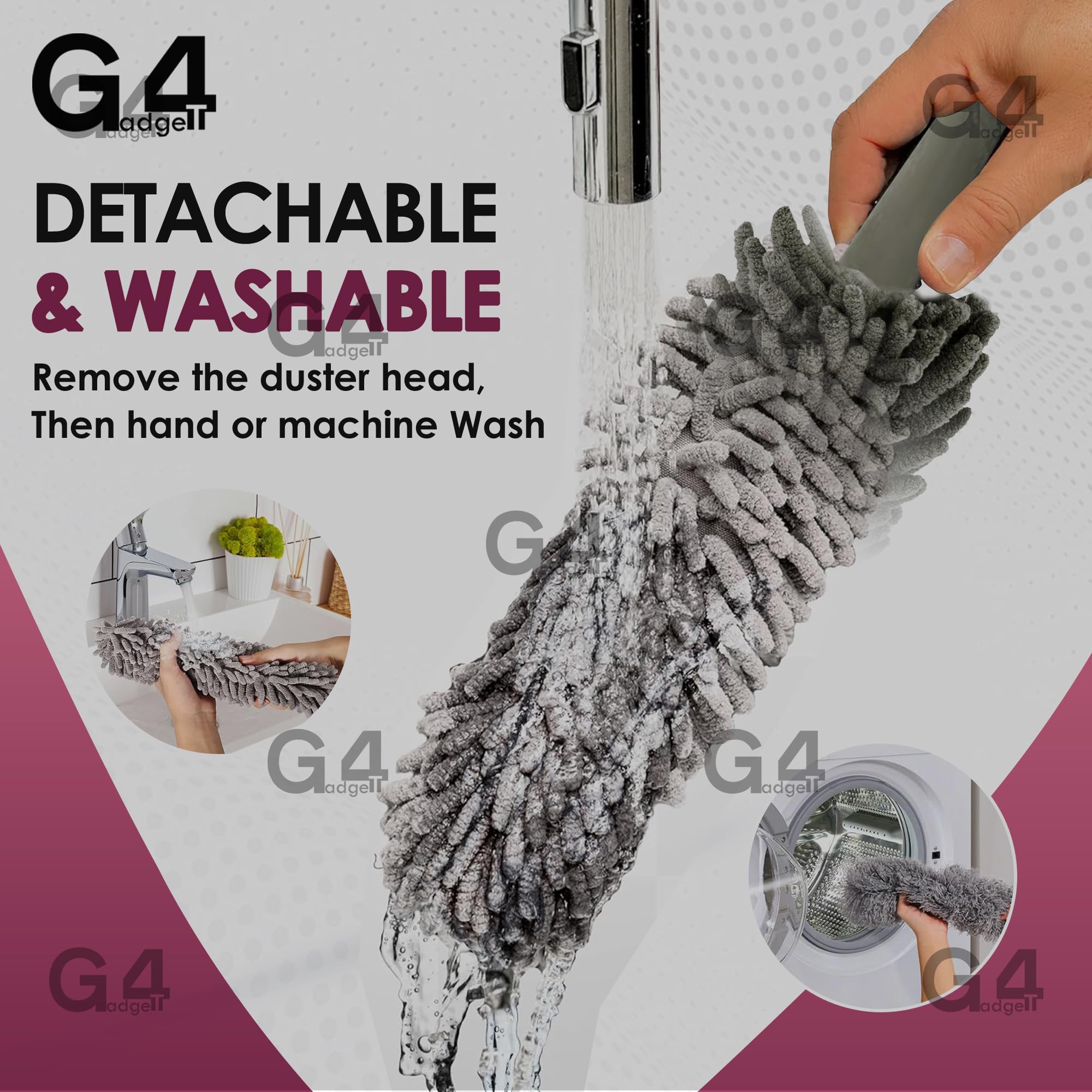 G4GADGET Microfiber Duster Grey - Washable Duster for Cleaning Window Blinds and Home Surfaces 4