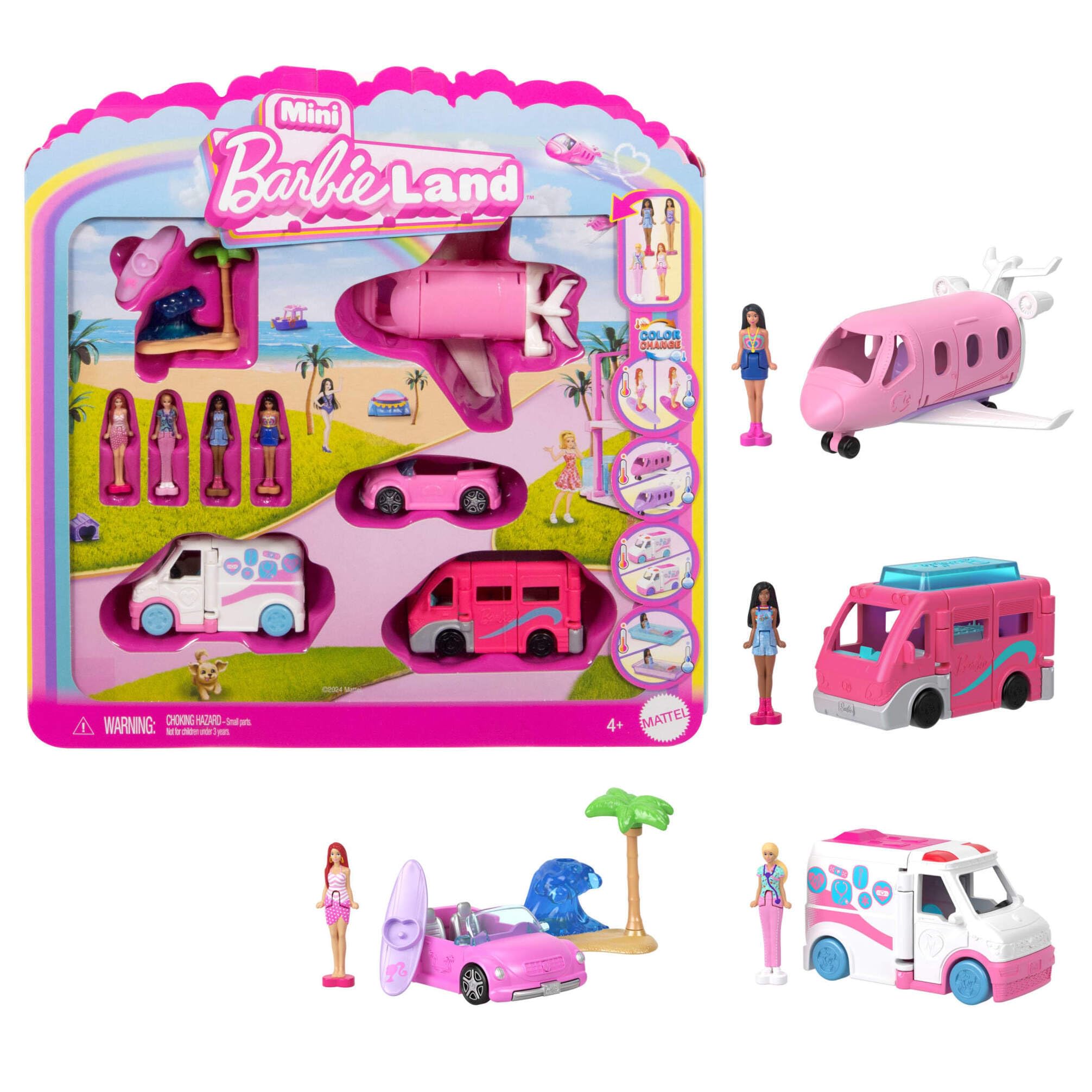 Mini Barbie Land 4-Pack Doll & Vehicle Playset - Color Change Fun for Ages 4+ 1