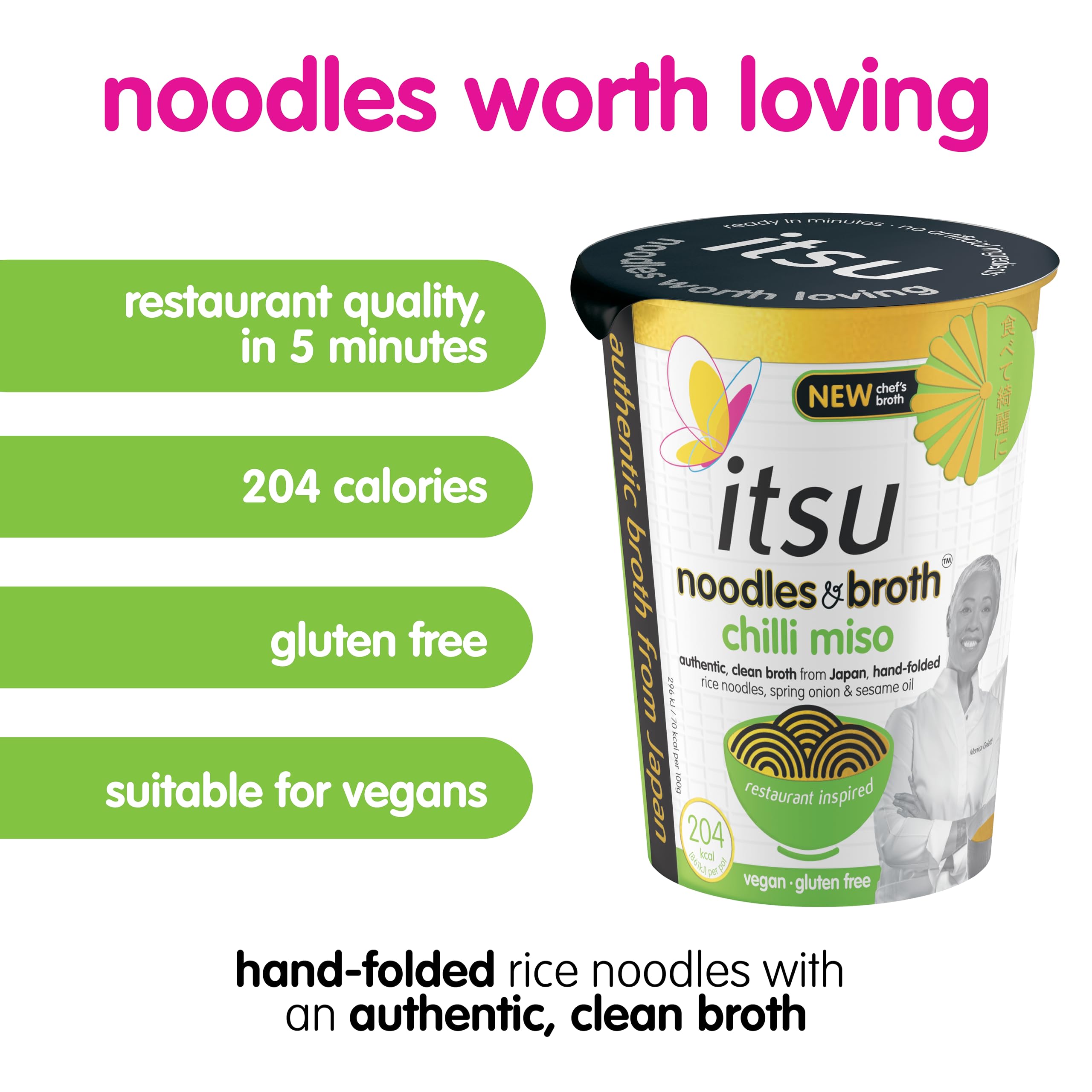 Itsu Chilli Miso Instant Noodles & Broth Pot 65g - Pack of 6 | Gluten Free | Vegan | Low Fat | 204 Calories | Hand-Folded Rice Noodles 6