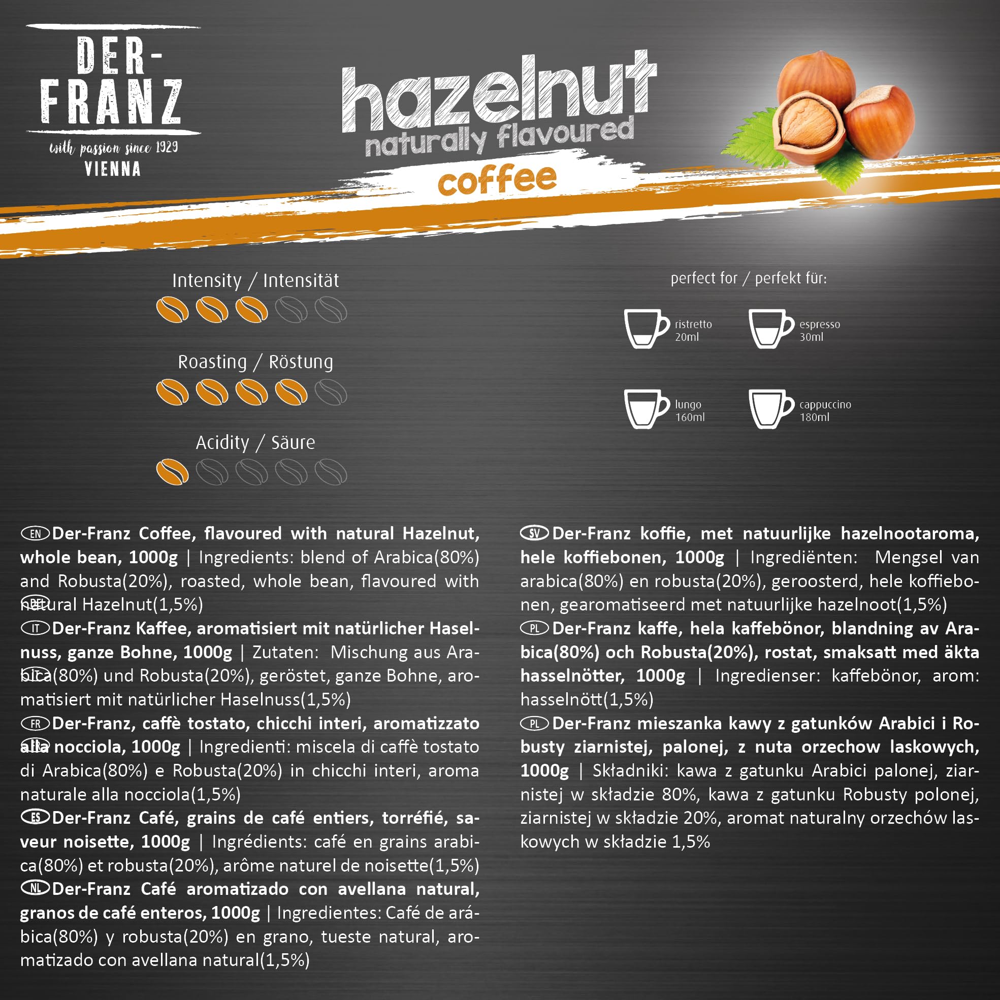 Der-Franz Hazelnut Flavoured Roasted Whole Coffee Beans - 1 kg | Intensity 3/5 | UTZ Certified