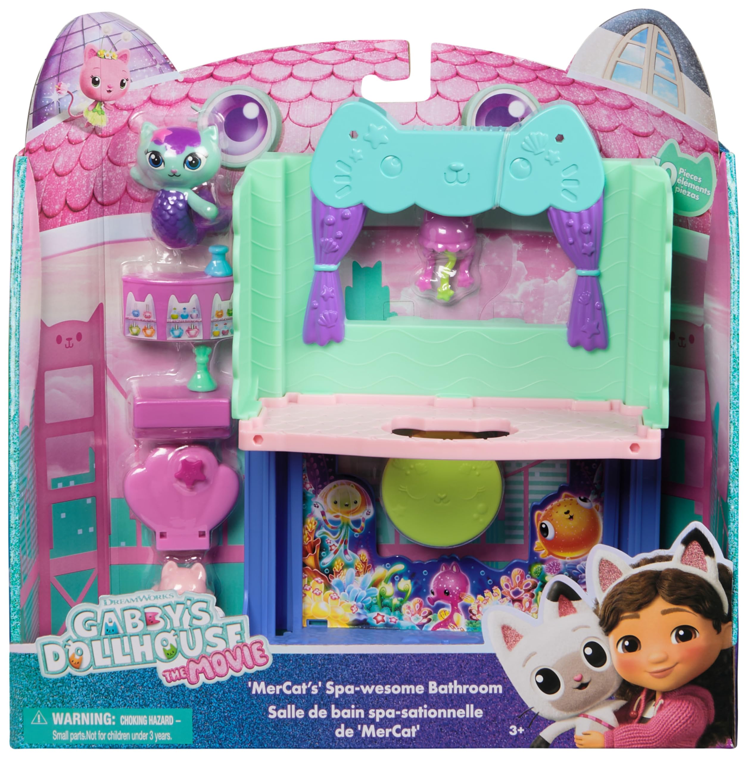 DREAMWORKS GABBY'S DOLLHOUSE MerCat's Spa-wesome Bathroom Playset with Figure | 10 Pieces | Ages 3-6 6