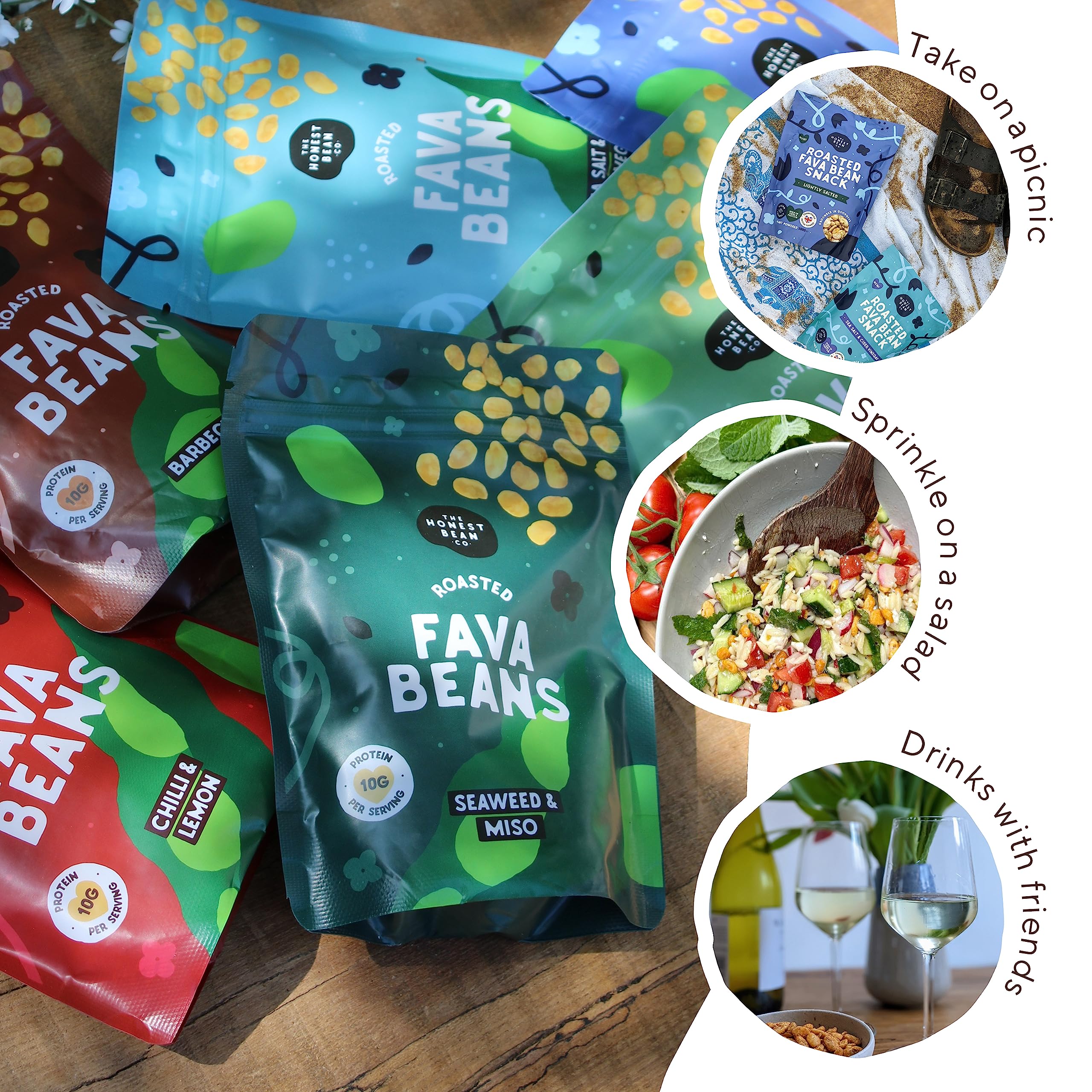 The Honest Bean Co Roasted Fava Bean Variety Pack - Lightly Salted, Sea Salt & Cider Vinegar, BBQ, Chilli Lemon, Seaweed & Miso, Black Garlic & Herb 7