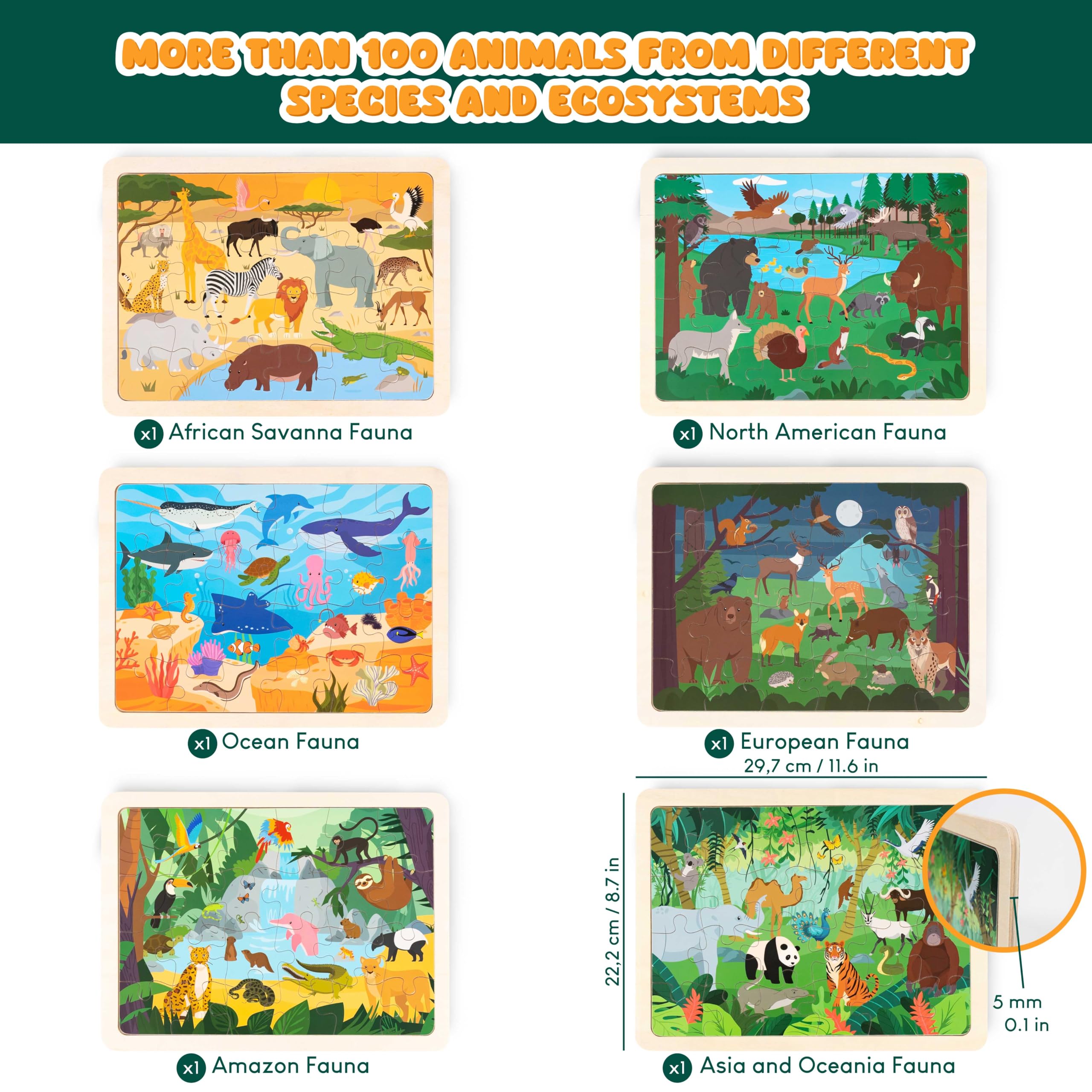 BONNYCO 6 Set Wooden Puzzles - 24 Pieces Each, Animals from Around the World | Educational Toy | Ages 2+