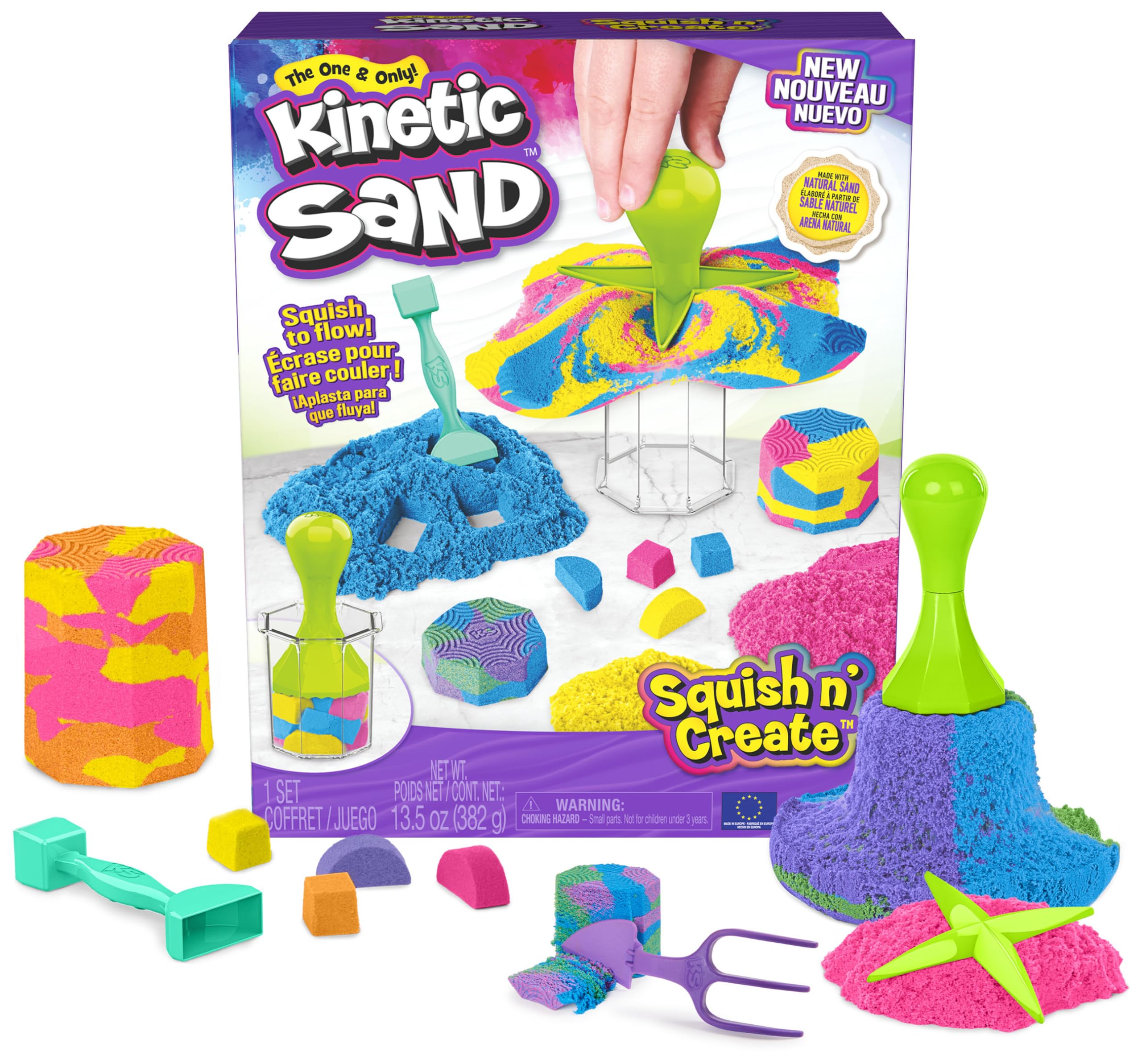 Kinetic Sand Squish N’ Create Playset - 382g Blue, Yellow, Pink Sand | 5 Tools | Ages 3+