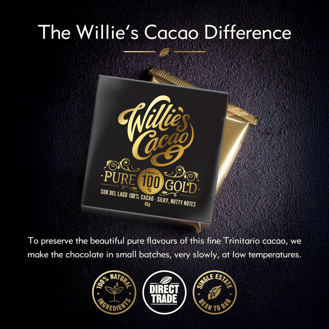 Willie's Cacao - Pure Gold 100% Cocoa Bar - 40g x 12 - No Added Sugar, Vegan, Dairy Free