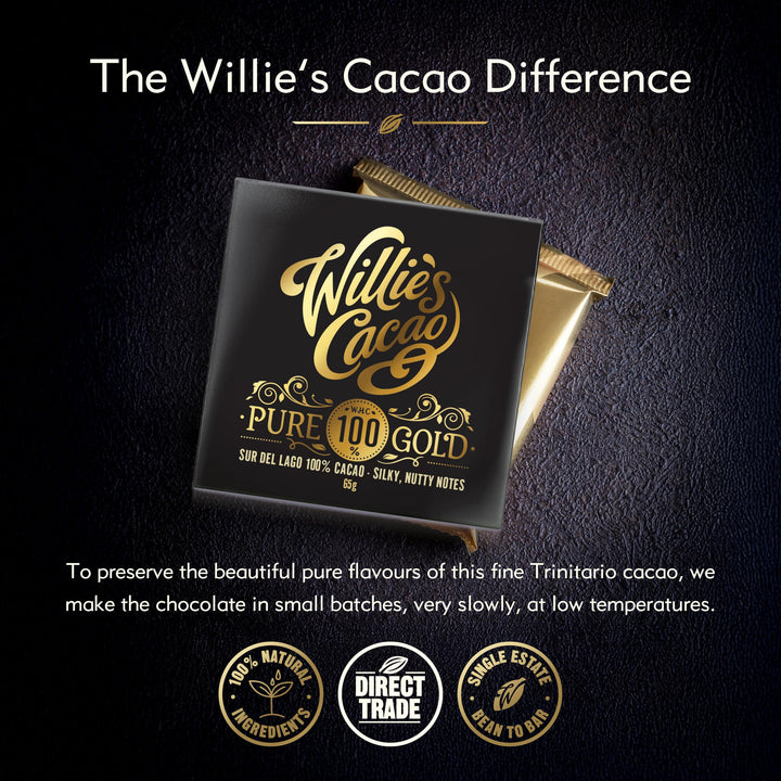 Willie's Cacao - Pure Gold 100% Cocoa Bar - 40g x 12 - No Added Sugar, Vegan, Dairy Free