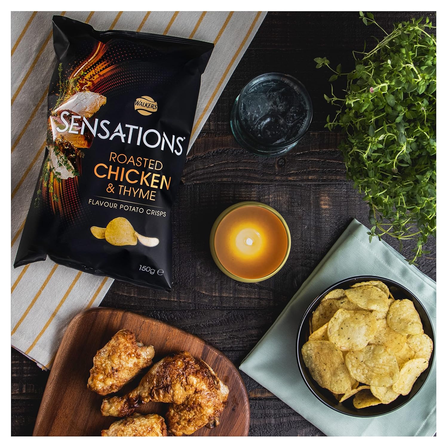Sensations Roast Chicken & Thyme Thick Cut Premium Potato Crisps, Sharing Bag 150g 6