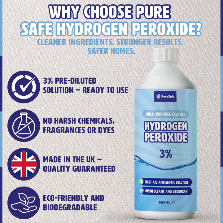 Pure Safe - Hydrogen Peroxide 3% Solution 500ml – Multi-Purpose Disinfectant Cleaner