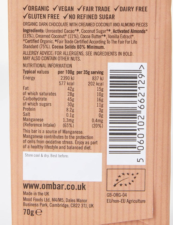 Ombar Coco Almond Vegan Chocolate Bar - Organic Fair Trade Dairy Free 60g