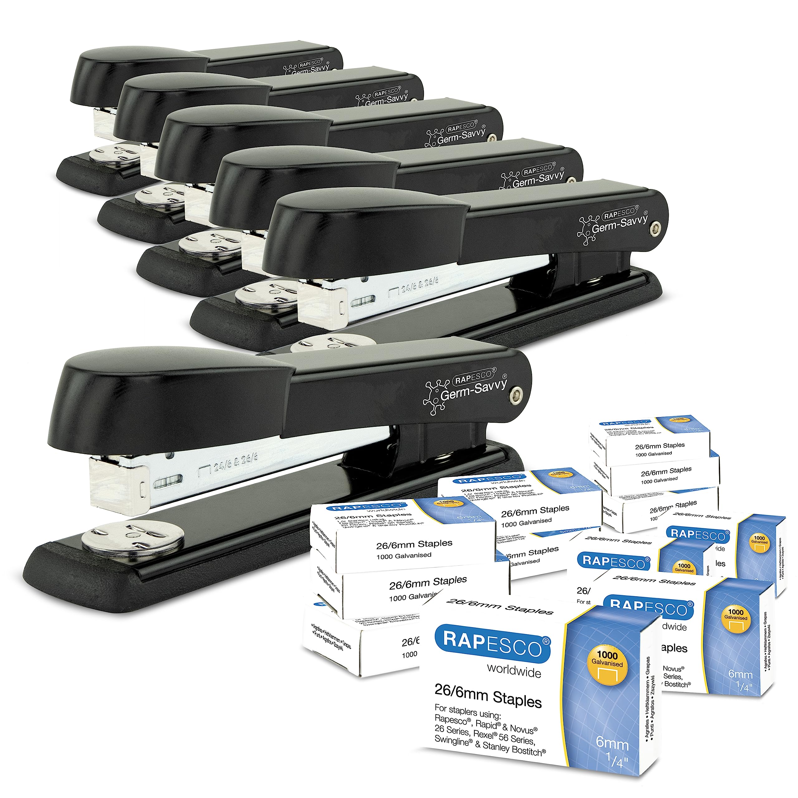 RAPESCO 1733 Business Pack: 6 Antibacterial Marlin Desktop Staplers | 25 Sheet Capacity 1