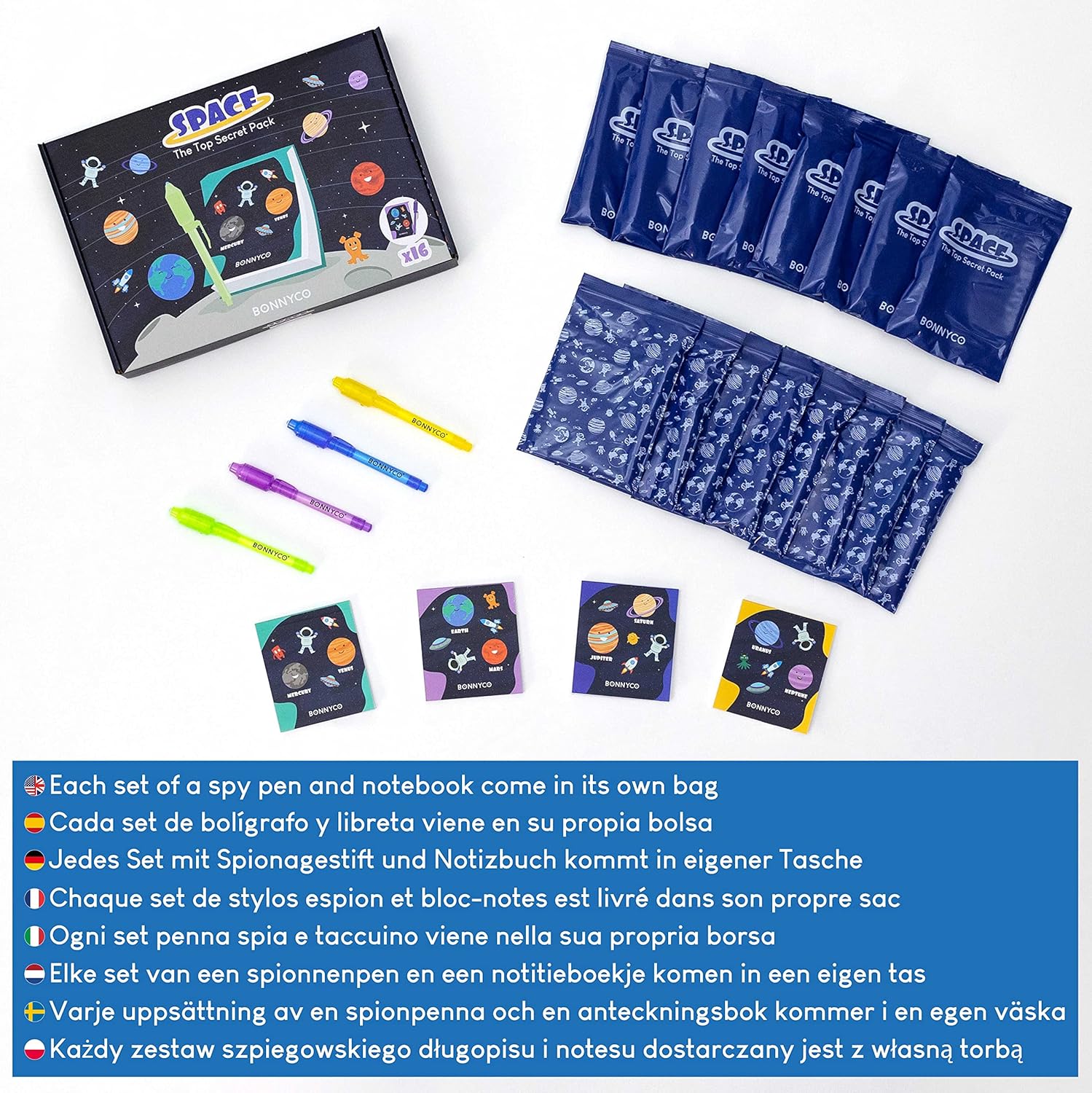 BONNYCO Invisible Ink Pen and Notebook Set - 16 Pack Space Party Bag Fillers with UV Light 6