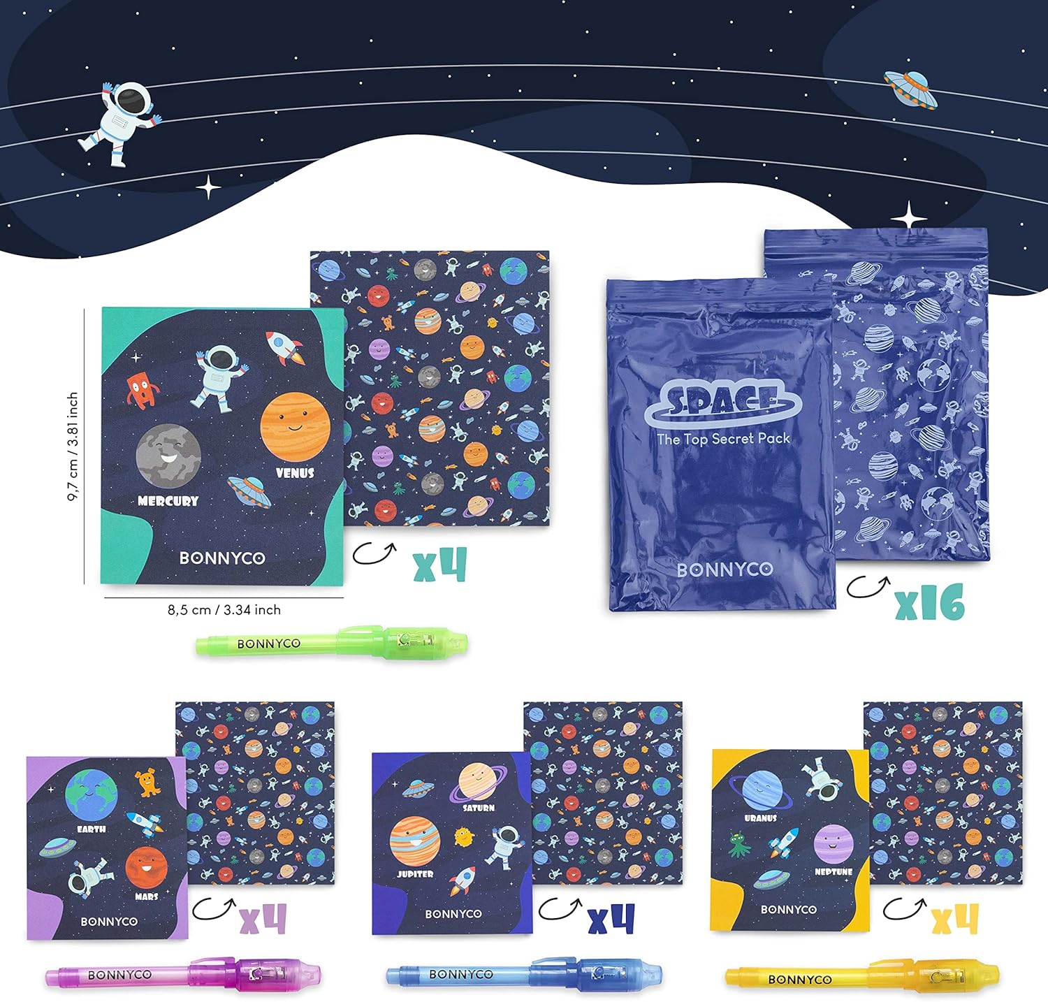 BONNYCO Invisible Ink Pen and Notebook Set - 16 Pack Space Party Bag Fillers with UV Light 7