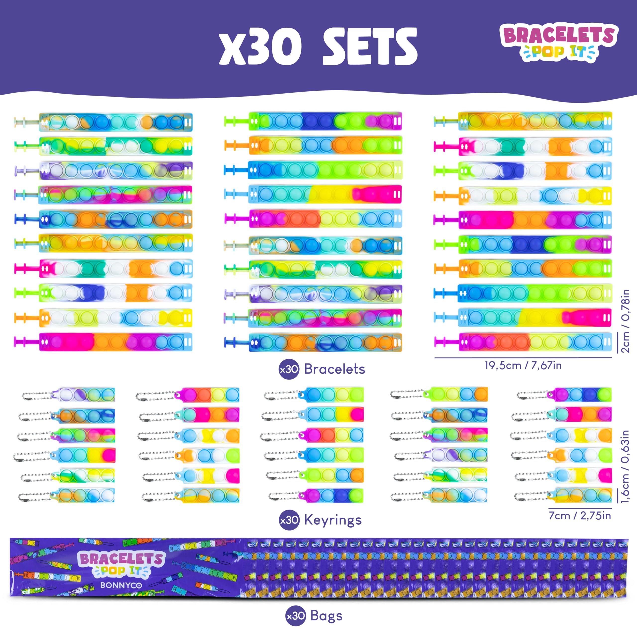 BONNYCO Pop It Bracelet and Keyring Fidget Toys - 30 Pack Matching Sets | 15 Colors | Adjustable