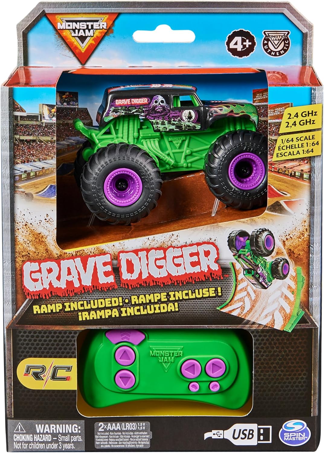 Monster Jam Grave Digger 1:64 Scale RC Truck with Ramp - Remote Control Monster Vehicle for Kids 8