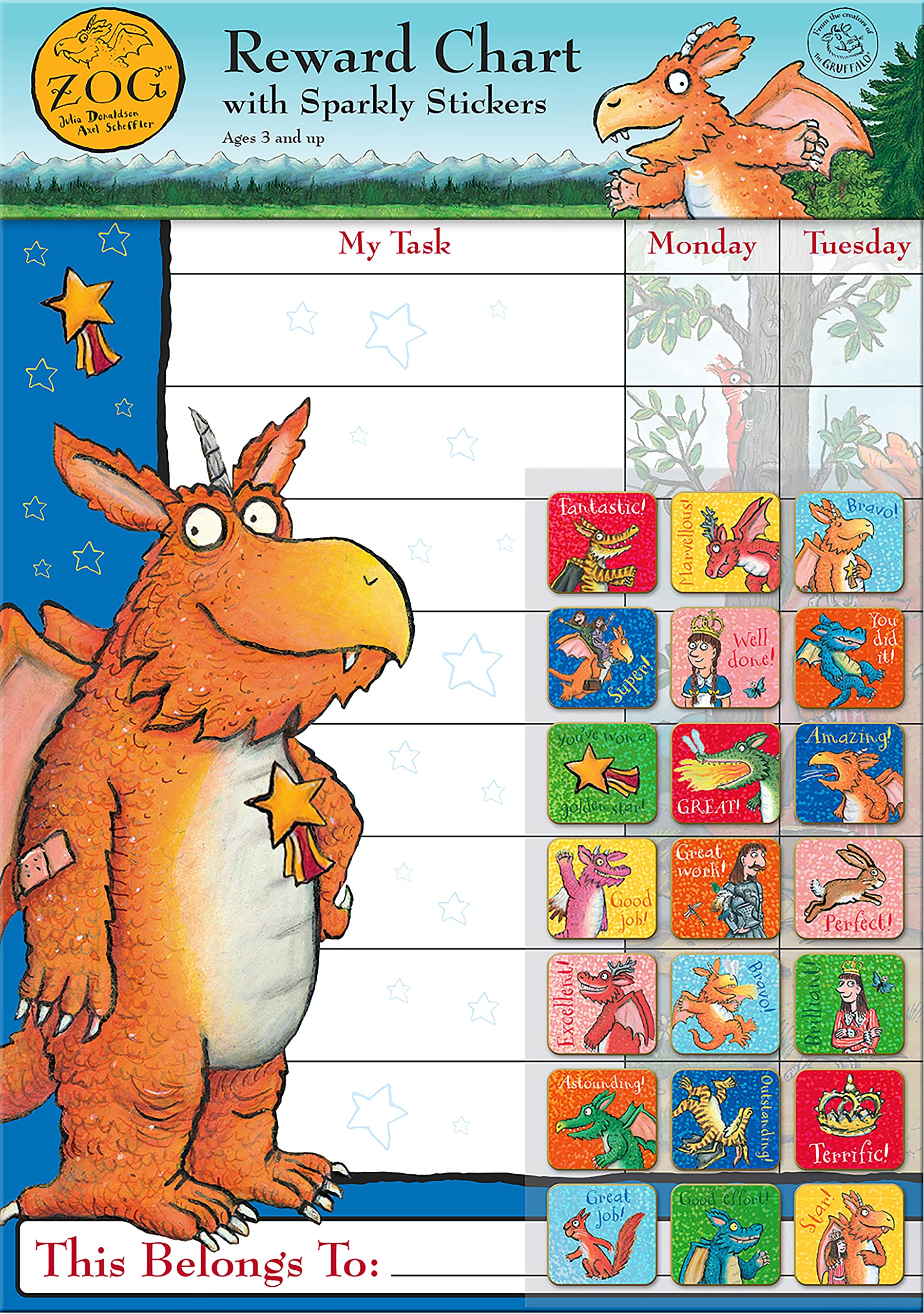 Paper Projects Zog Reward Chart - Wipe-Clean Surface | Includes 56 Sparkly Stickers | 29.7cm x 42cm 1