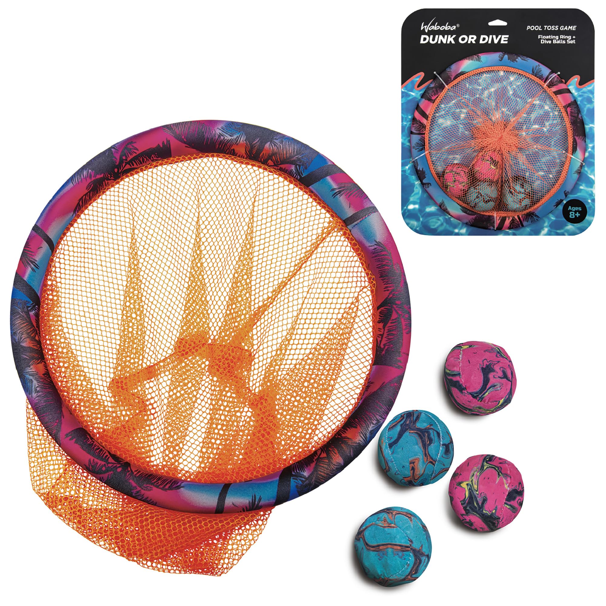 Waboba Dunk or Dive Pool Toy Toss Game - Floating Ring Net & 4 Dive Balls | Ages 8+