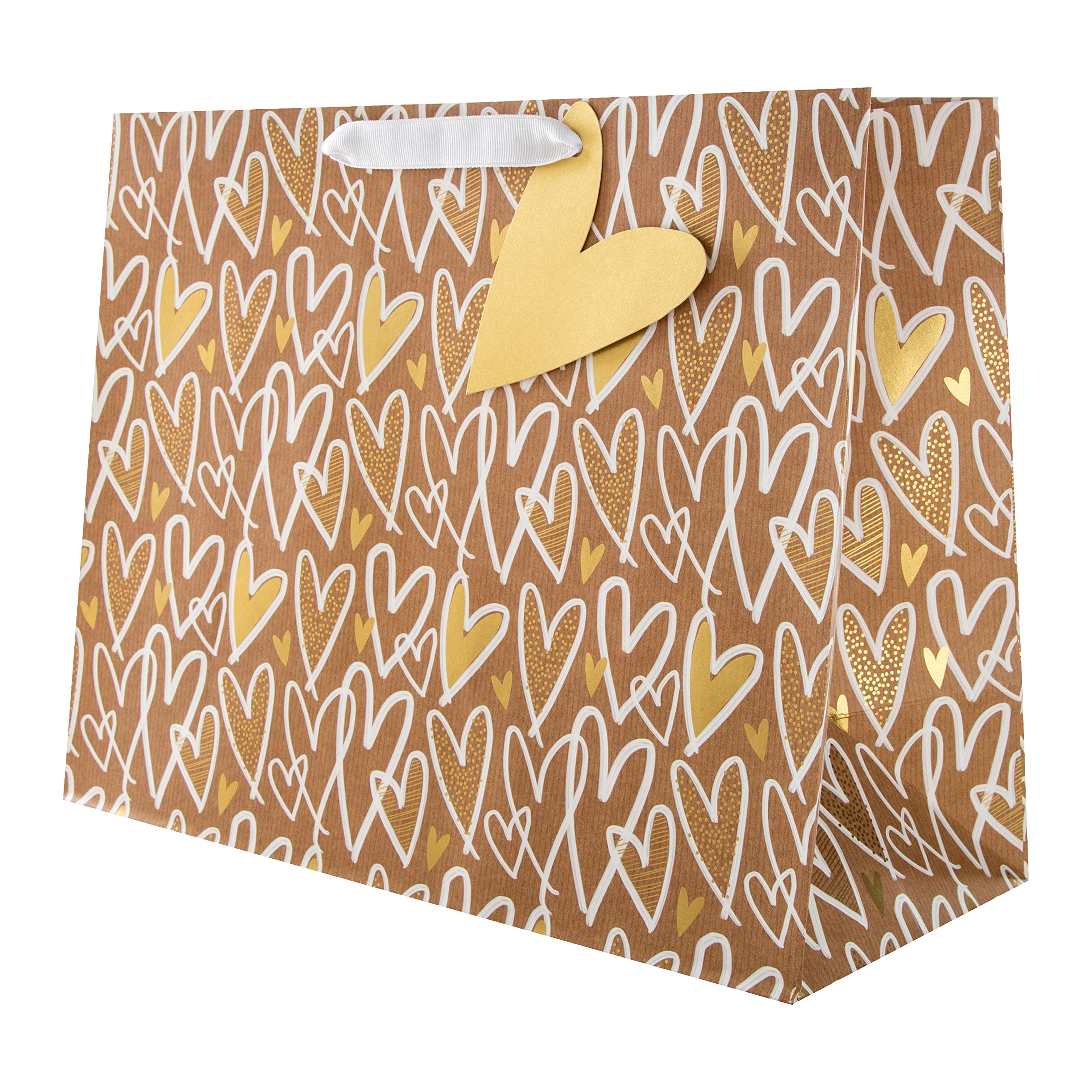 Hallmark Large Gift Bag - Kraft Hearts Design | Gold Foil Accent | 33cm x 26.5cm x 14.6cm