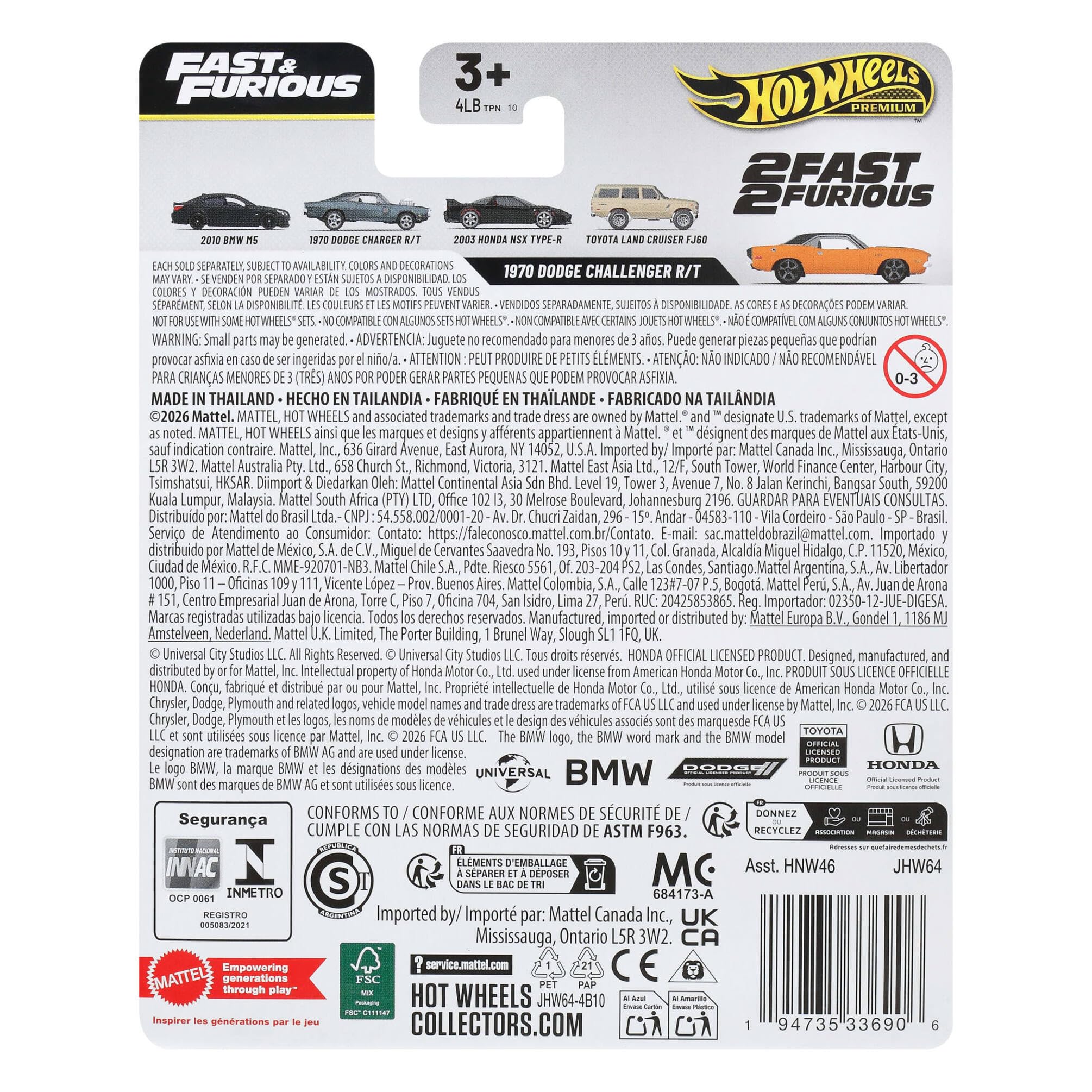 Hot Wheels 1970 Dodge Challenger R/T Fast & Furious 1:64 Scale Car 6