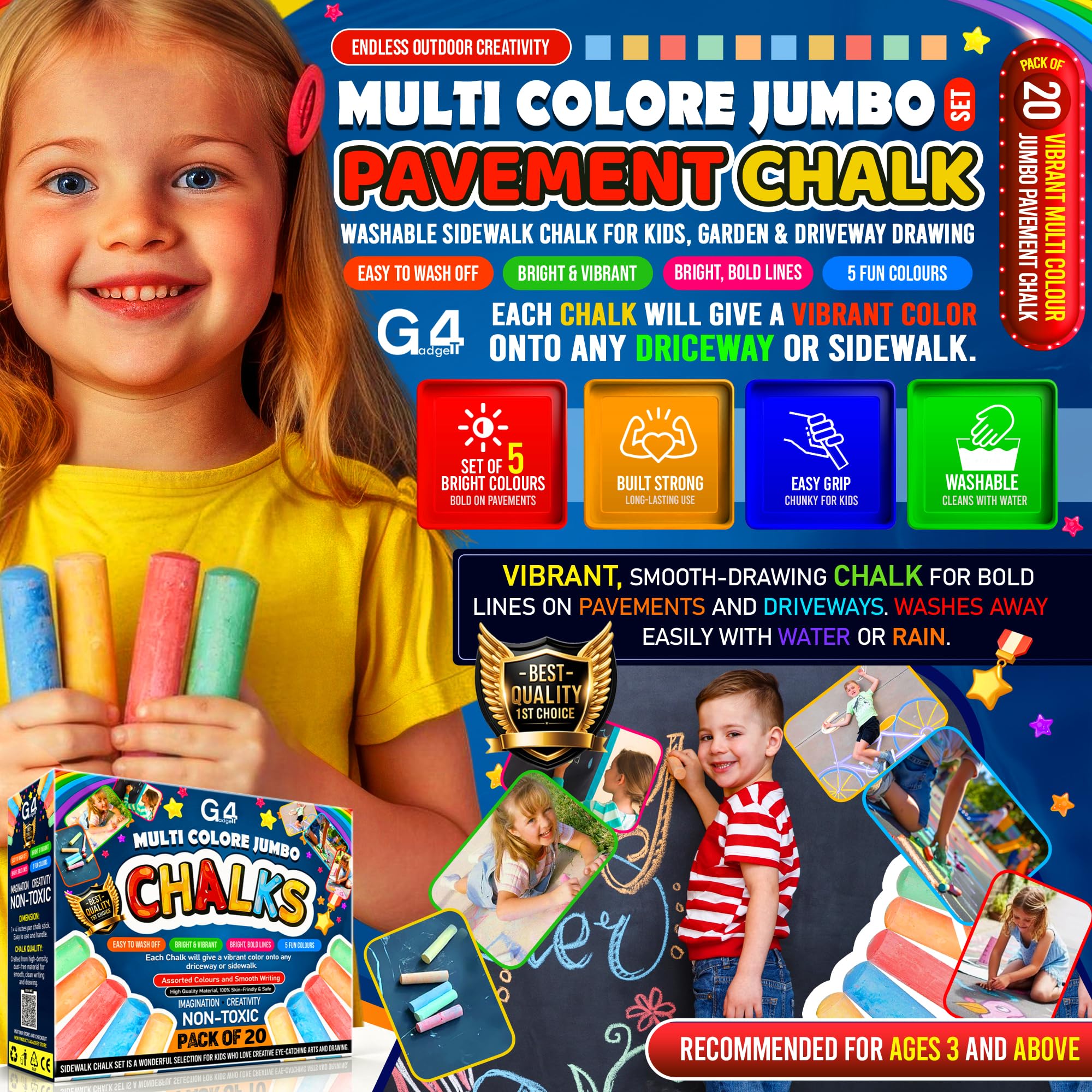 G4GADGET 20 Jumbo Chalks for Kids – Giant Chunky Outdoor Pavement Chalk | Age 3+