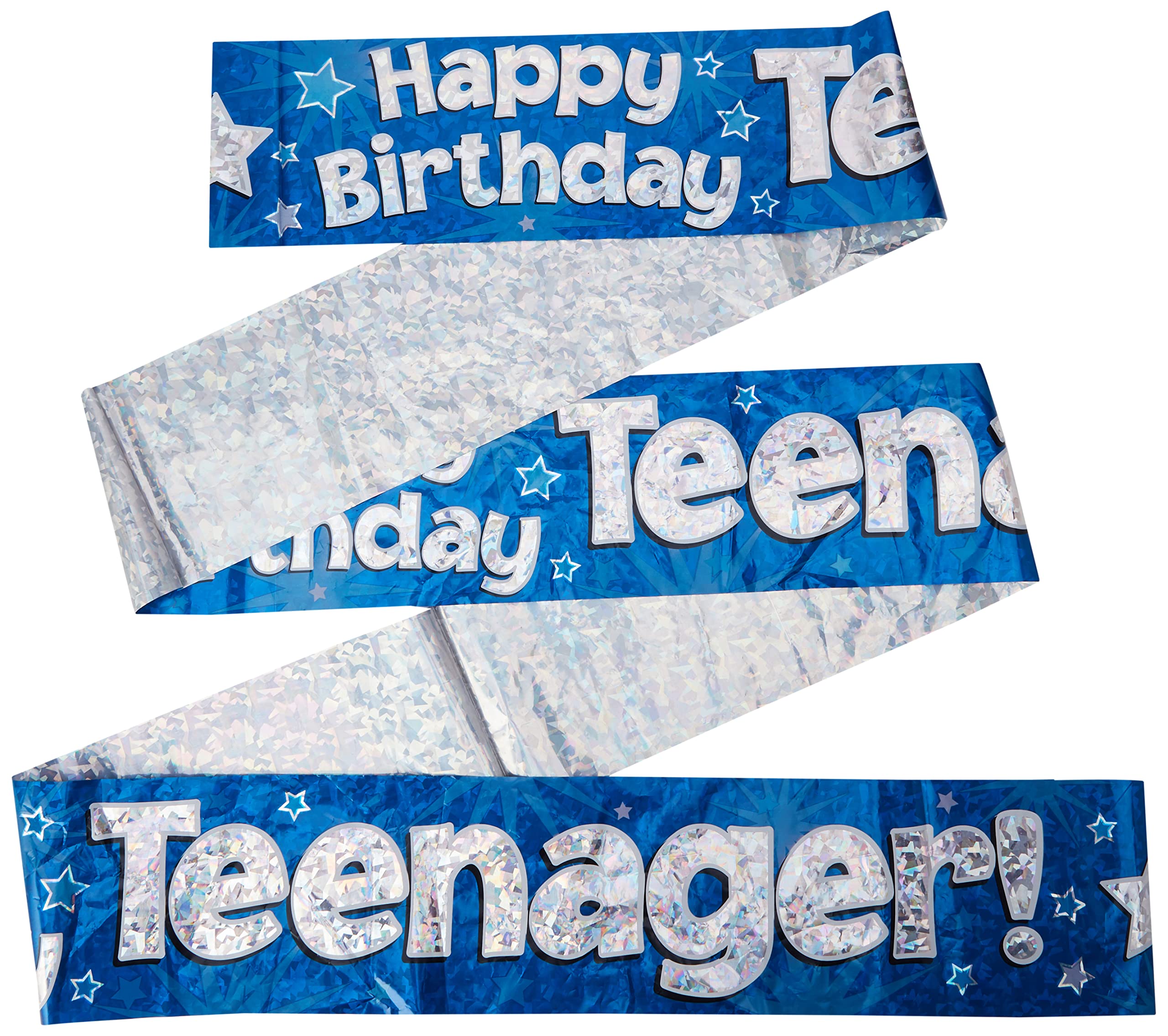 OakTree Happy Birthday Teenager Banner - 9ft Blue Foil Holographic | Foldable