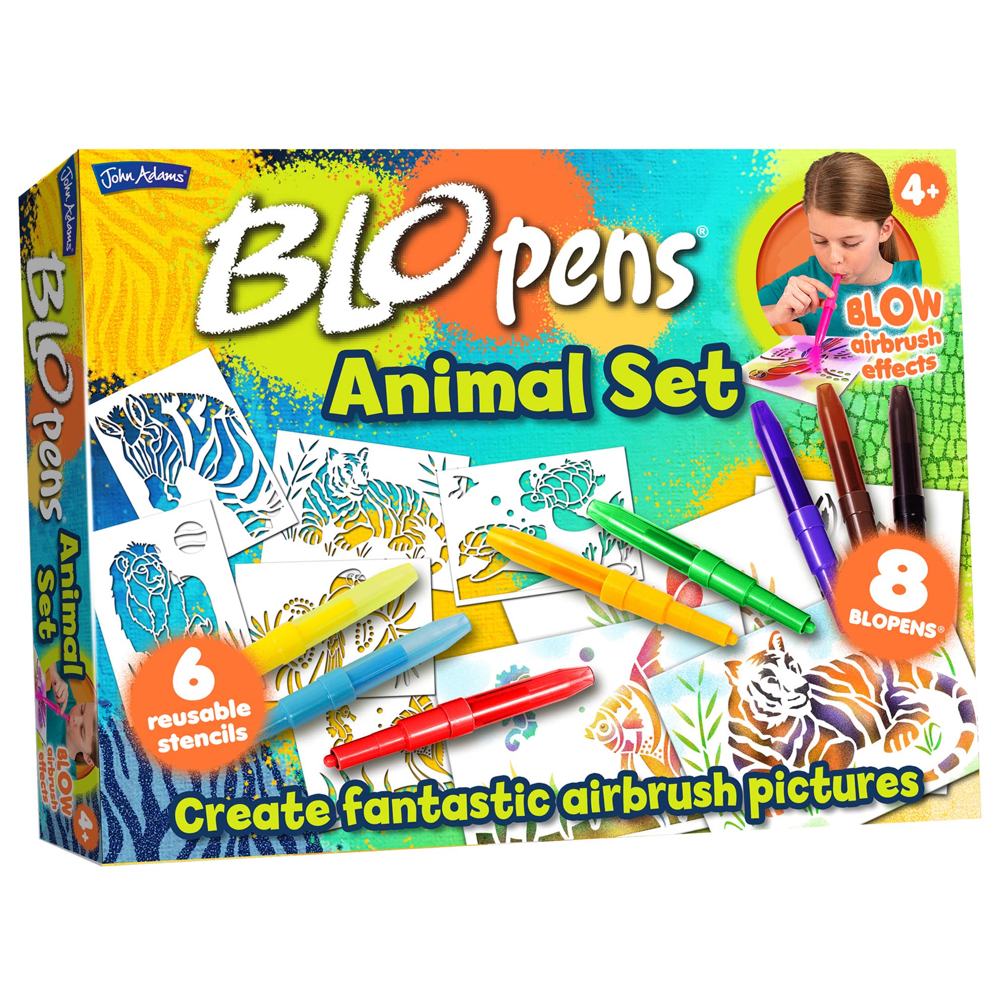 John Adams BLOPENS Animal Activity Set - 8 Colors & 6 Reusable Stencils for Airbrush Drawing 8