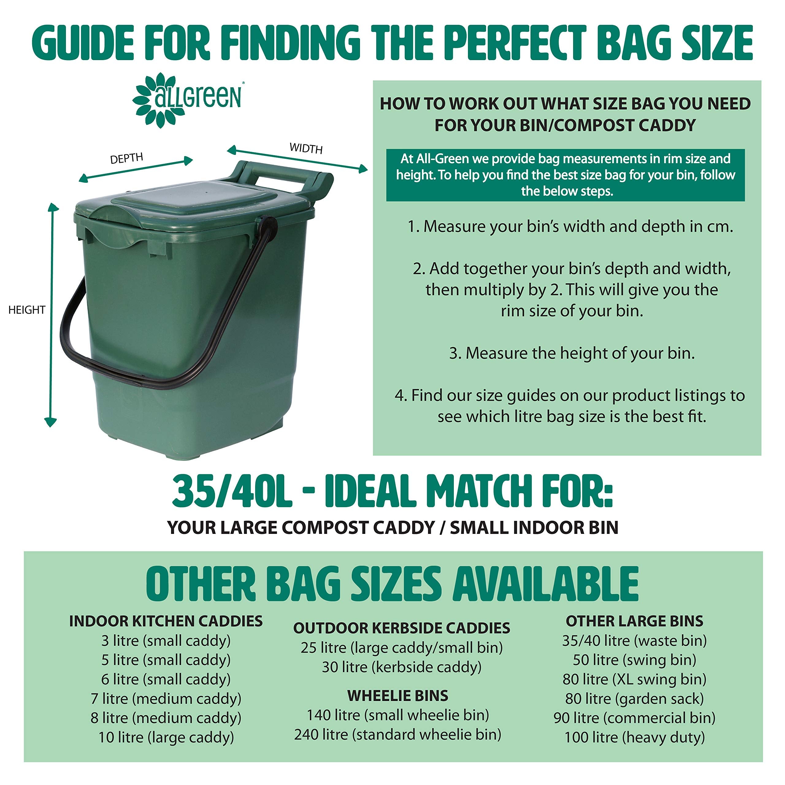 All-Green 35/40L Compostable Food Waste Bin Liners - Pack of 25 with Composting Guide 5