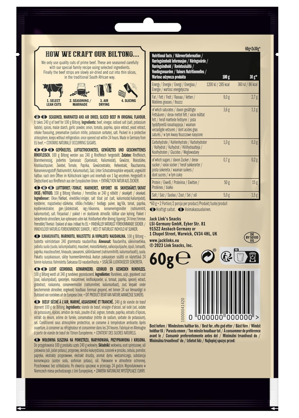 Jack Link's Biltong Jerky Original - 12 x 60 g, Gluten Free