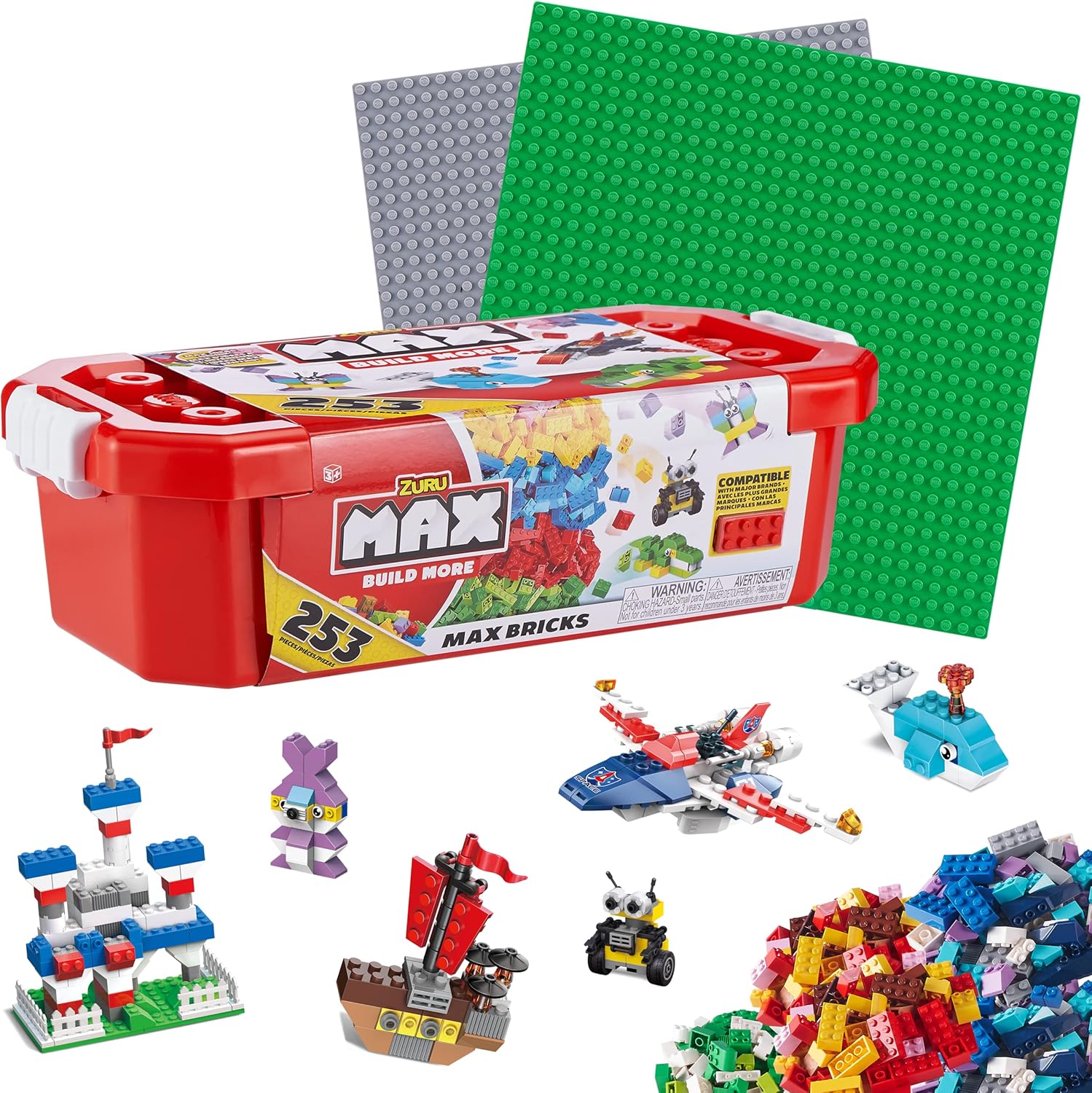 ZURU MAX Build More Building Bricks Value Set - 253 Pieces with 2 Baseplates & 8 Surprise Figurines 1