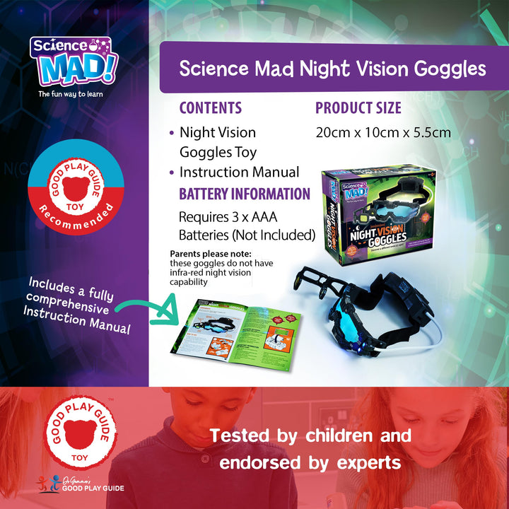 Science Mad! Night Vision Goggles for Kids - 2x Magnification & LED Lights - Black