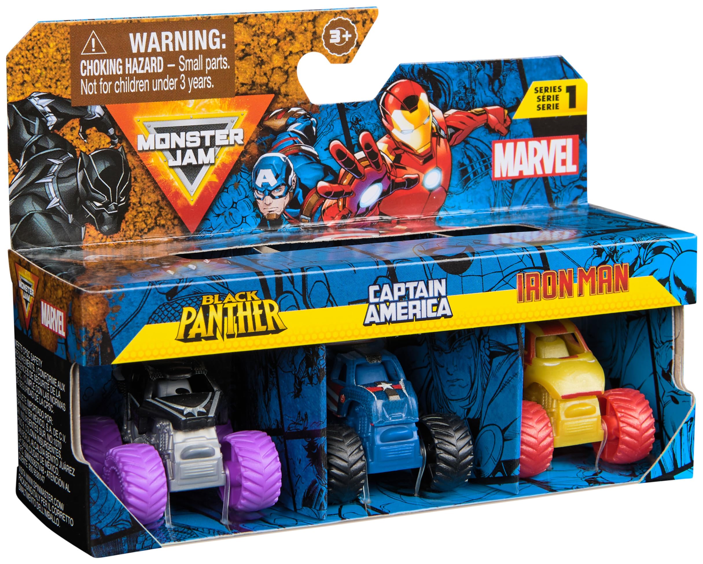 Monster Jam Marvel Mini Monster Truck 3-Pack (Black Panther, Captain America, Iron Man) 1:87 Scale Die-Cast 9