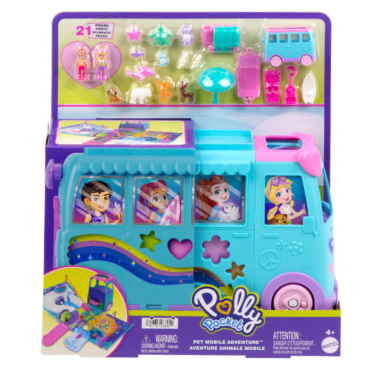 Polly Pocket Pet Mobile Adventure Playset - Transforming Camper Van with Micro Dolls & Pets, Ages 4+