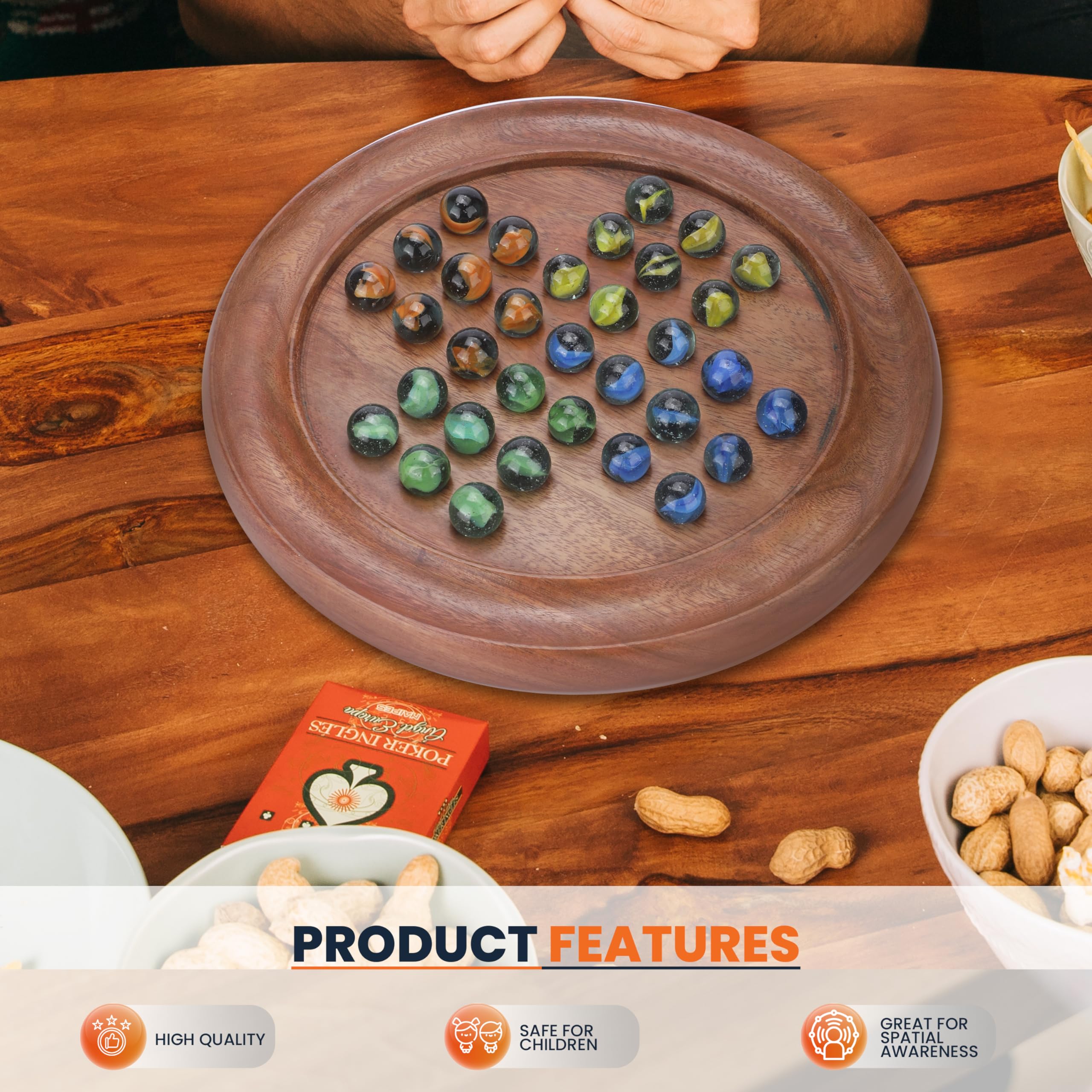 Ajuny Classic Solitaire Handcrafted Wooden Board Game with 4-Color Marbles 12