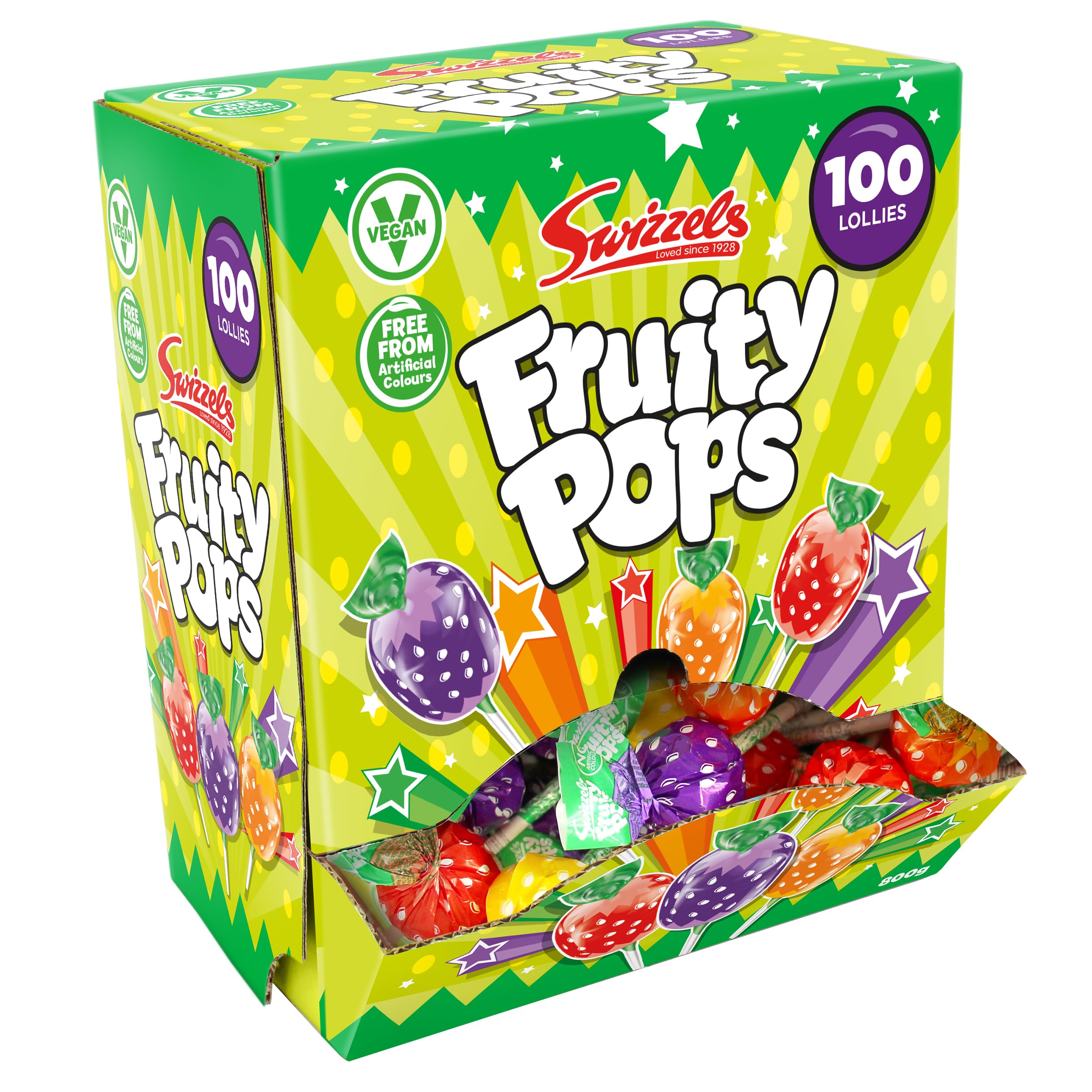 Swizzels Fruity Pops Dispenser Box - 100 Vegan-Friendly Lollipops with Strawberry, Orange, Lemon & Blackcurrant Flavours
