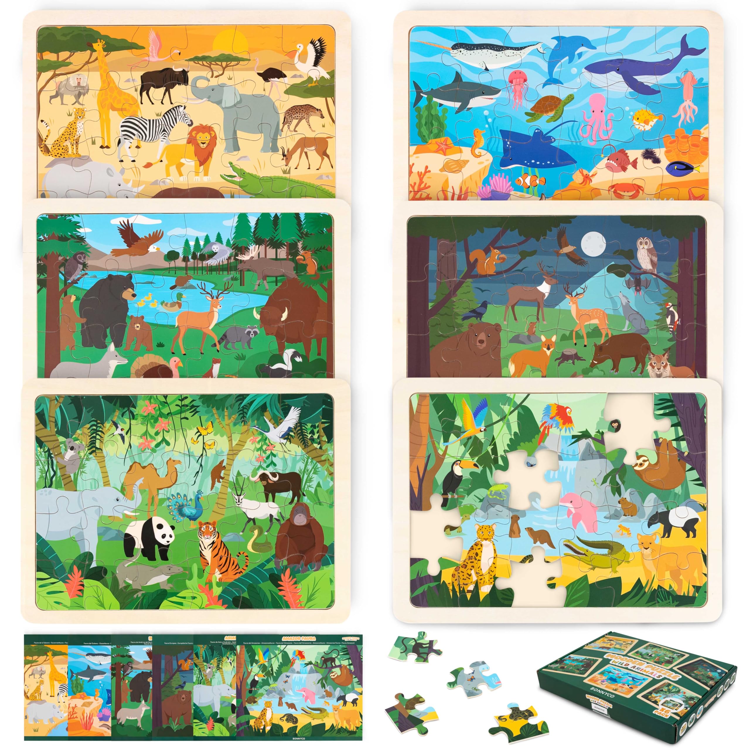BONNYCO 6 Set Wooden Puzzles - 24 Pieces Each, Animals from Around the World | Educational Toy | Ages 2+