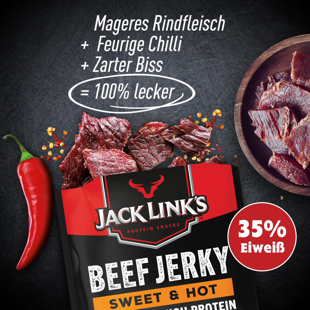 Jack Link's Beef Jerky Sweet & Hot Flavour Multipack of 12 x 25g High Protein Meat Snack