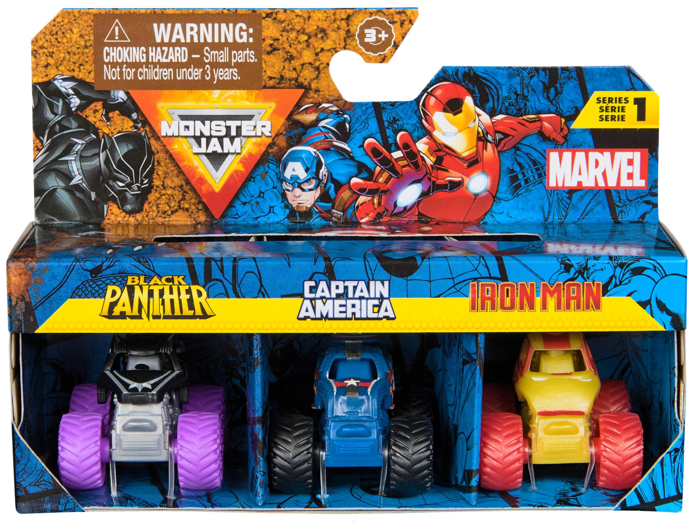Monster Jam Marvel Mini Monster Truck 3-Pack (Black Panther, Captain America, Iron Man) 1:87 Scale Die-Cast 1