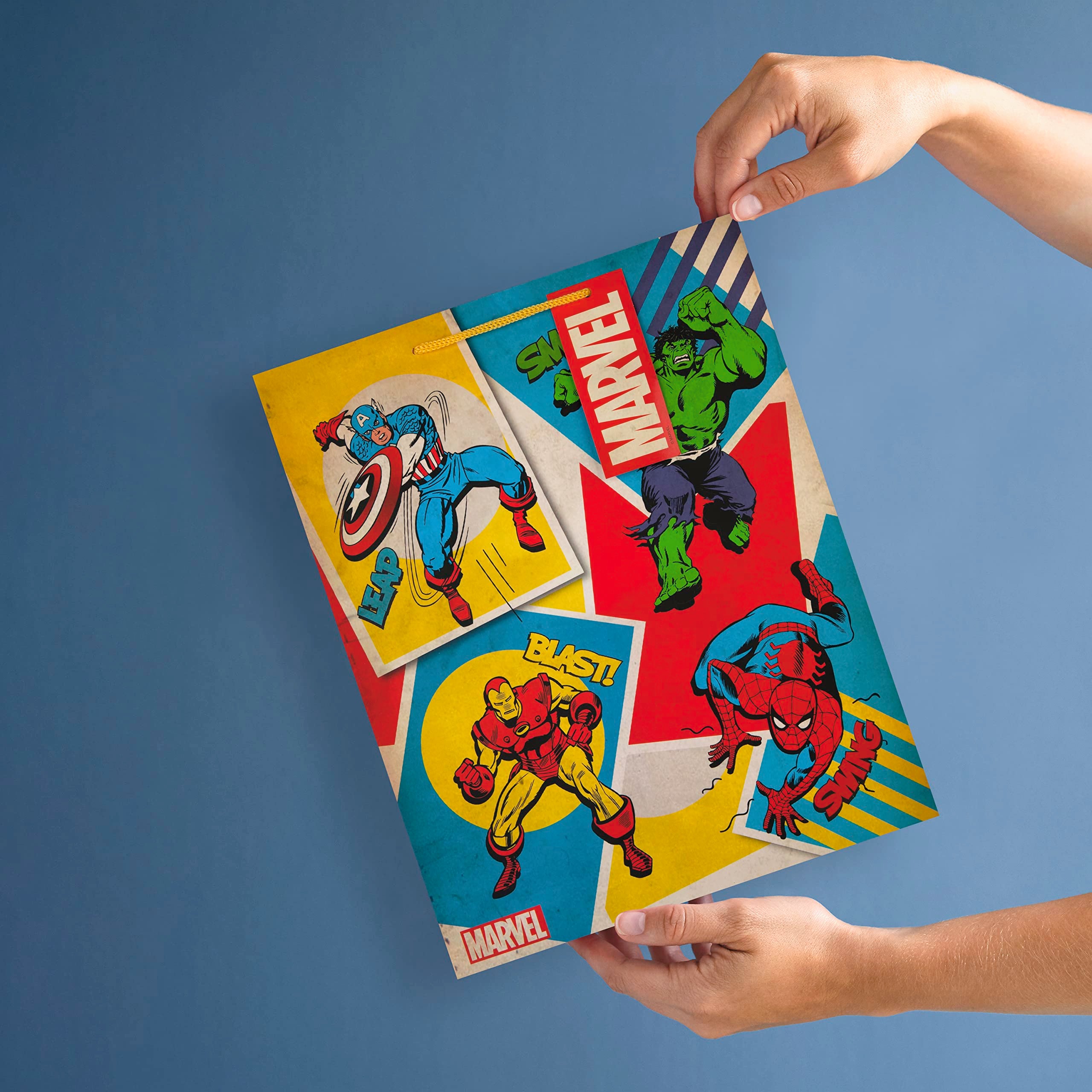 Hallmark Large Marvel Avengers Gift Bag with Tag | Yellow Cord Handles | 33cm x 26.5cm x 14.6cm