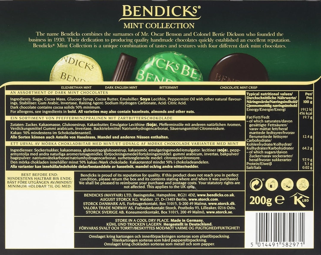 Bendicks Chocolate Mint Collection - Dark Chocolate Mints with Bittermints, Mint Crisps & Fondant, 200g