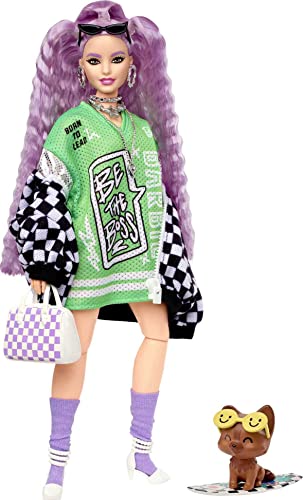 ?Barbie Extra Doll #18 in Jersey Dress & Oversized Checkered Jacket, with Pet Puppy