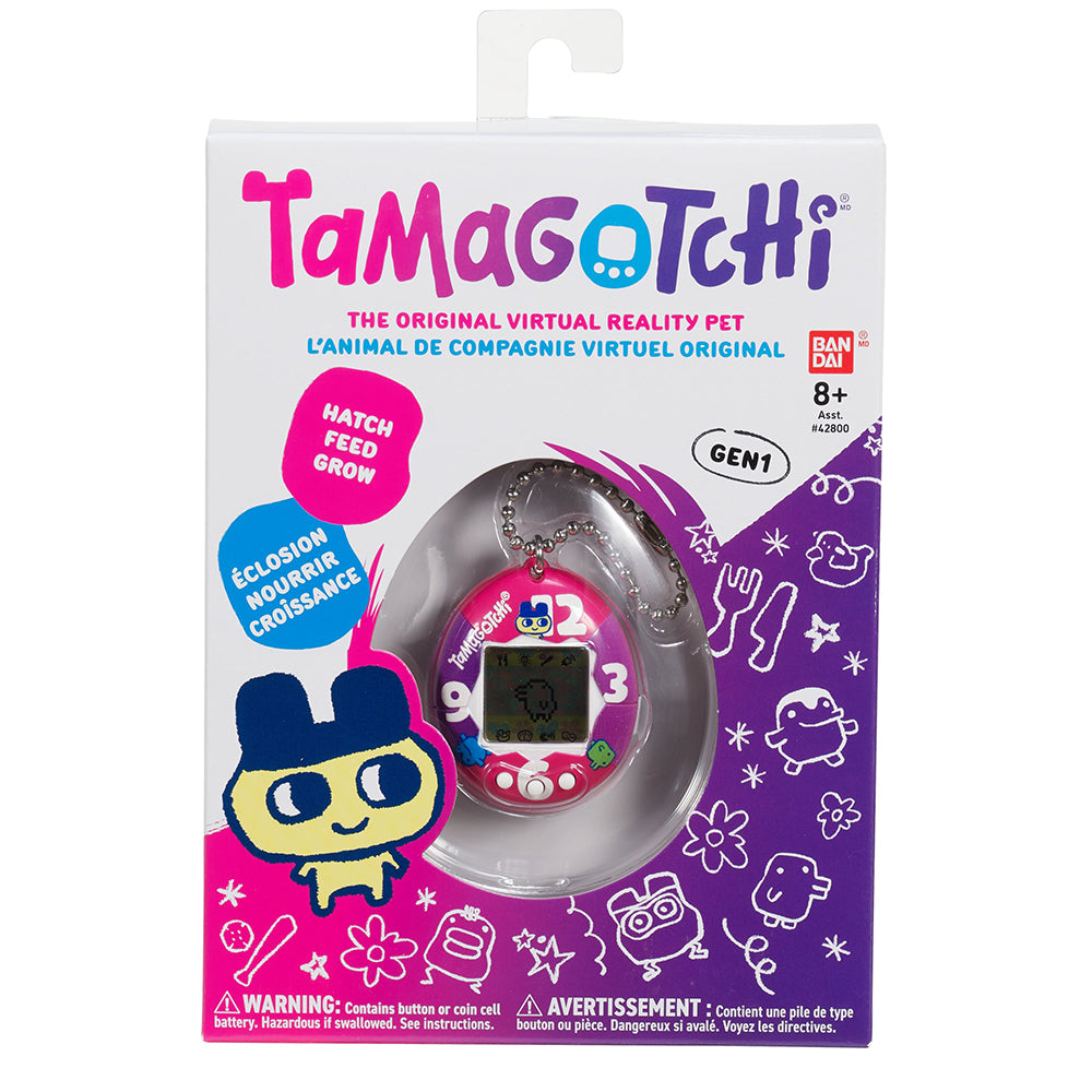 Bandai Tamagotchi Original - "Purple-Pink Clock" Shell with Chain - The Original Virtual Reality Pet - Watch Your Character Grow and Play Games - Retro 90s Toy Keychain