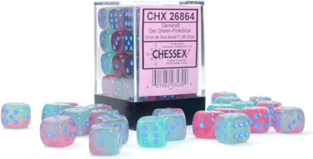 Chessex Dice Set – 12mm Gemini: Gel Green-Pink/Blue Luminary Dice Block – Dungeo