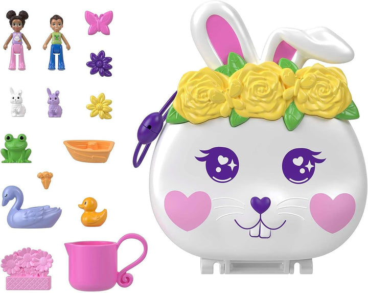 Polly Pocket Dolls and Playset, Animal Toys, Flower Garden Bunny Compact with Water Play and 2 Color-Change Pieces