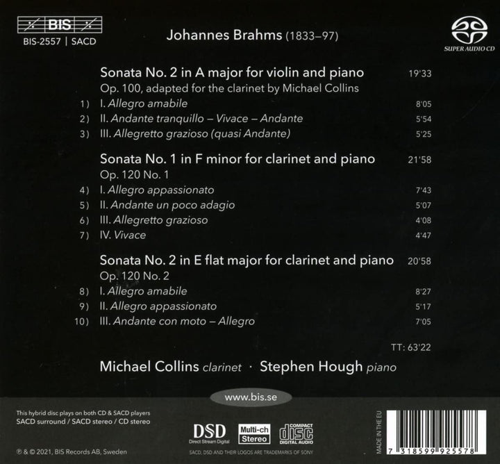 Michael Collins - Brahms: 3 Sonatas [Michael Collins; Stephen Hough] [Bis: BIS2557] [Audio CD]